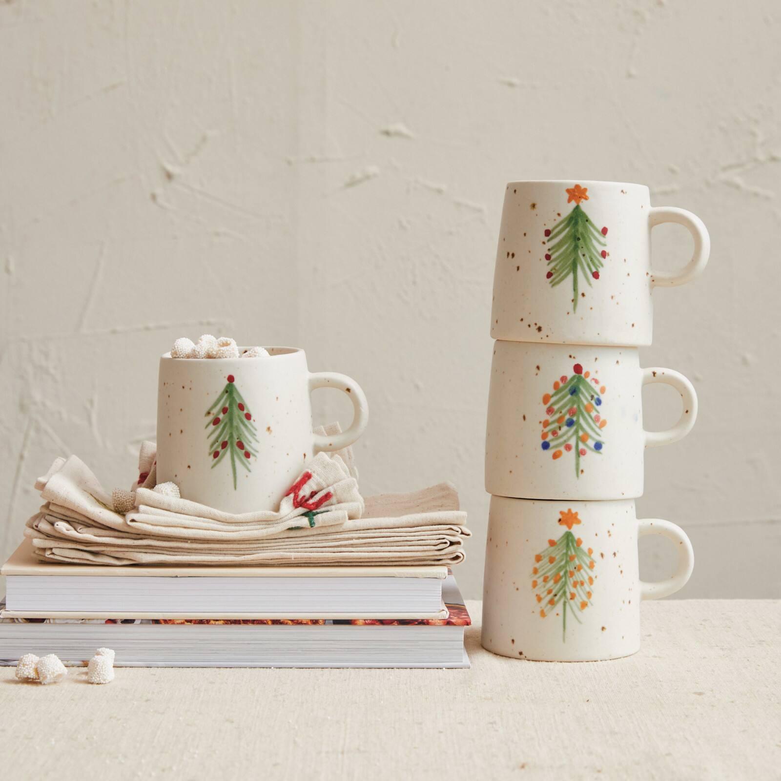 Hello Honey&#xAE; 12oz. Speckled Hand-Painted Christmas Tree Stoneware Mug Set