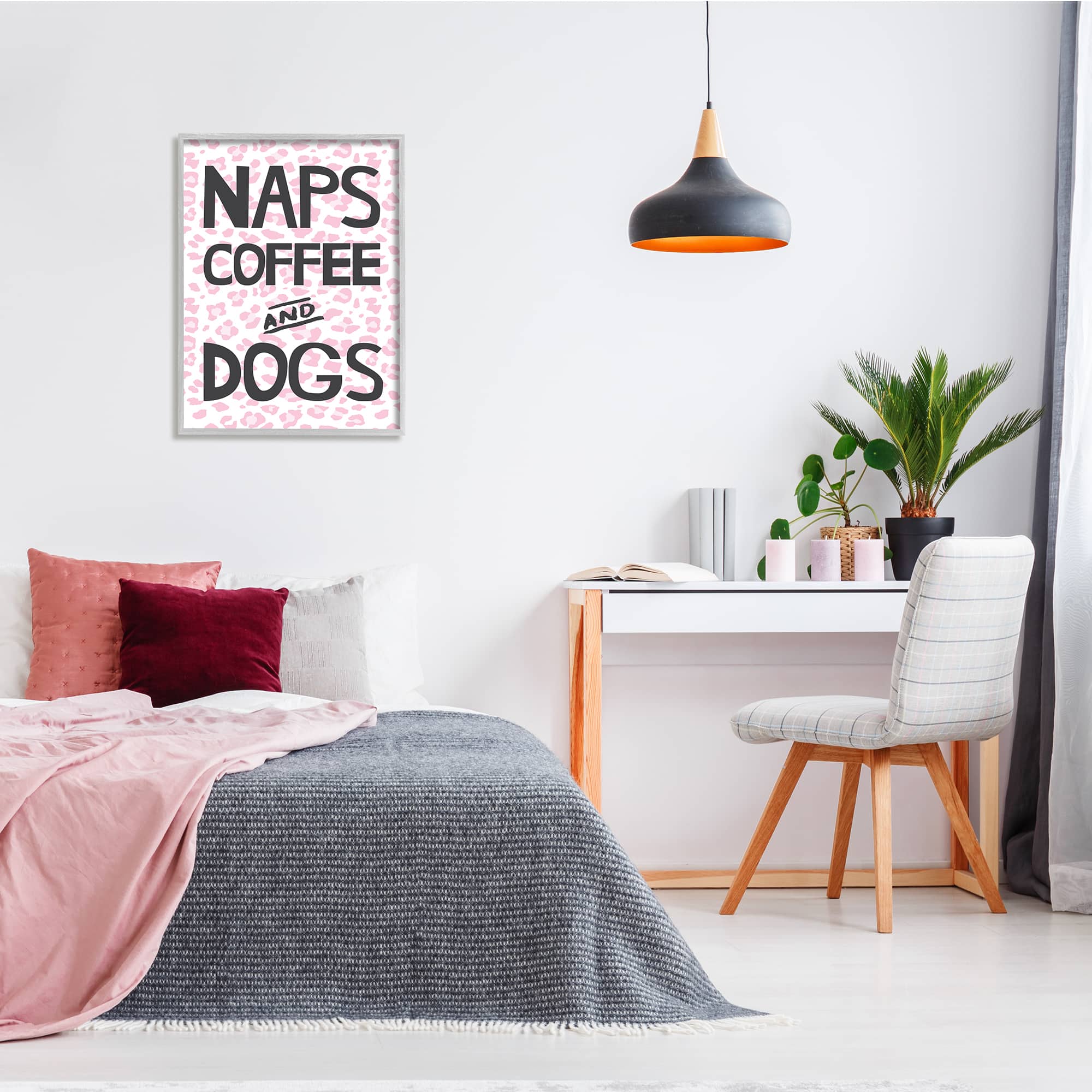 Stupell Industries Naps Coffee Dogs Daily Essentials Pink Cheetah Print Framed Wall Art