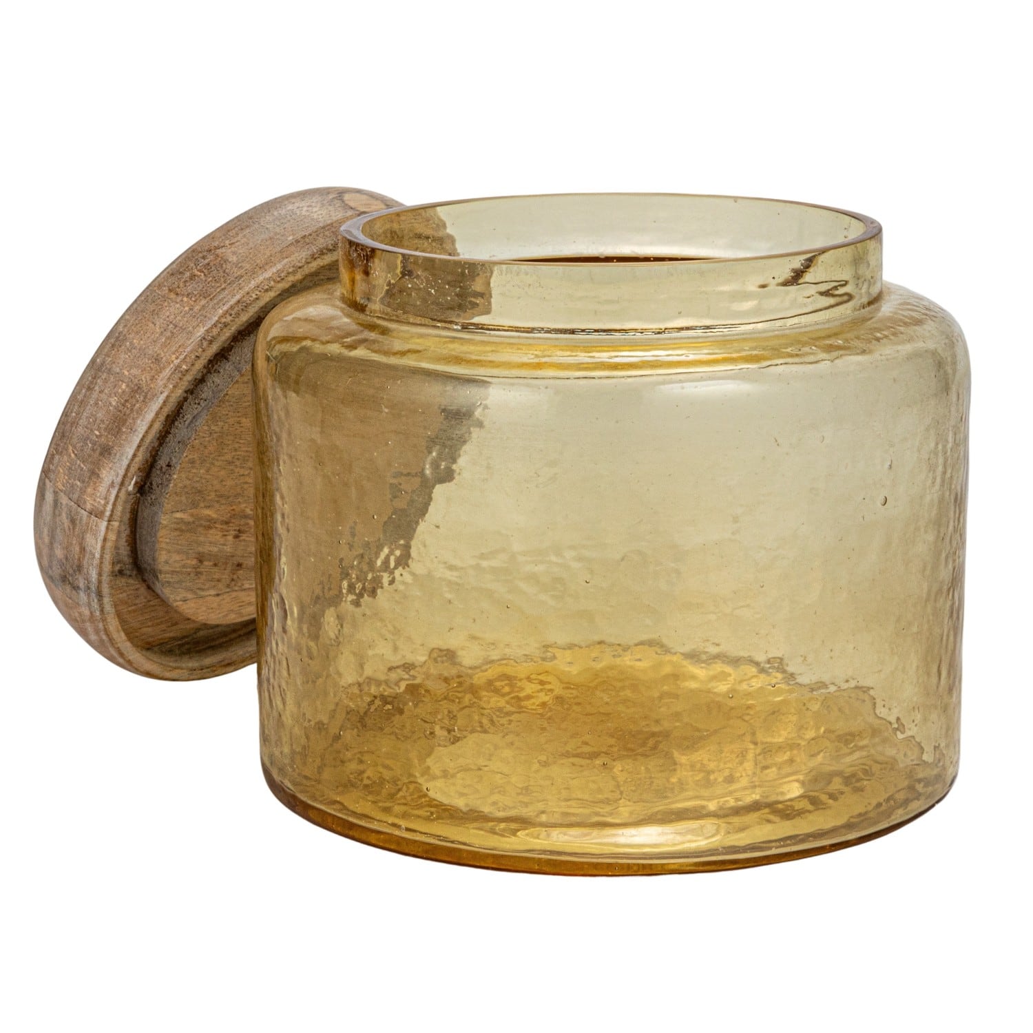 Hello Honey® Yellow & Whitewash Hammered Glass Jar with Mango Wood Lid
