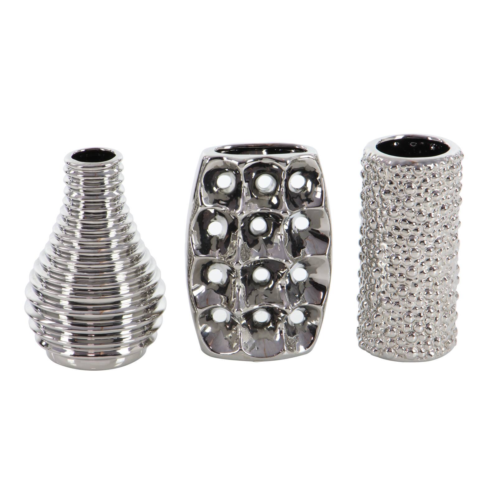 Set of 3 Silver Ceramic Glam Vase, 8" x 5"