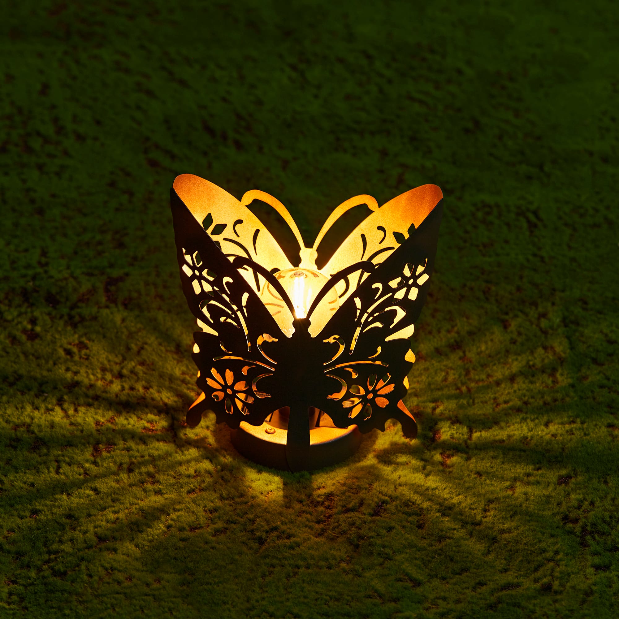 Glitzhome&#xAE; 9&#x22; Metal Flying Butterfly Silhouette Solar Powdered Edison Bulb Outdoor Lanterns, 2ct.