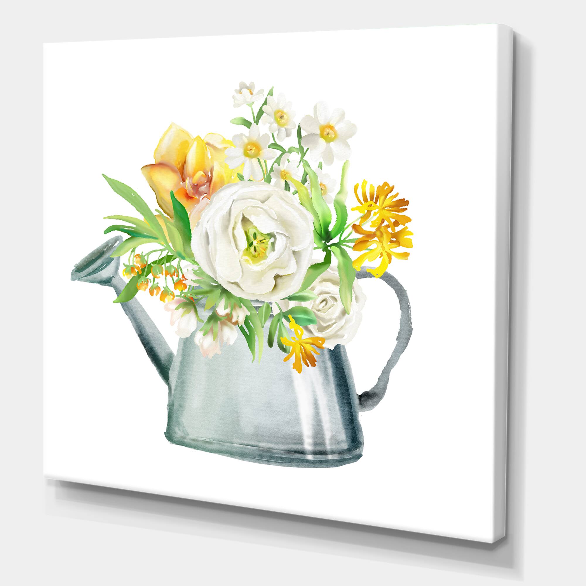 Designart - Roses Peonies &#x26; Marigolds In Garden Watering Can - Farmhouse Canvas Wall Art Print