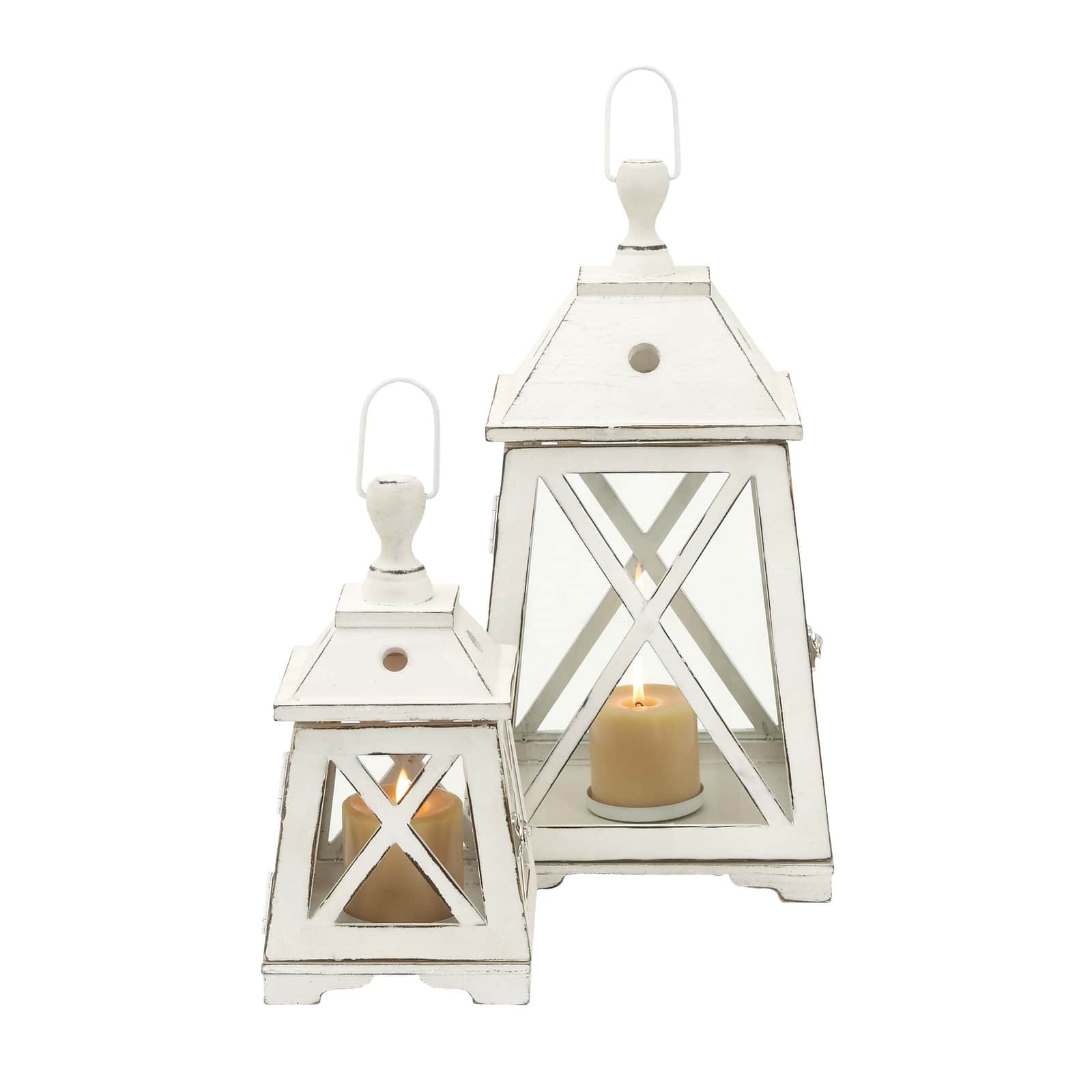 Set of 2&#x22; White Wood Coastal Lantern, 19&#x22;, 12&#x22;