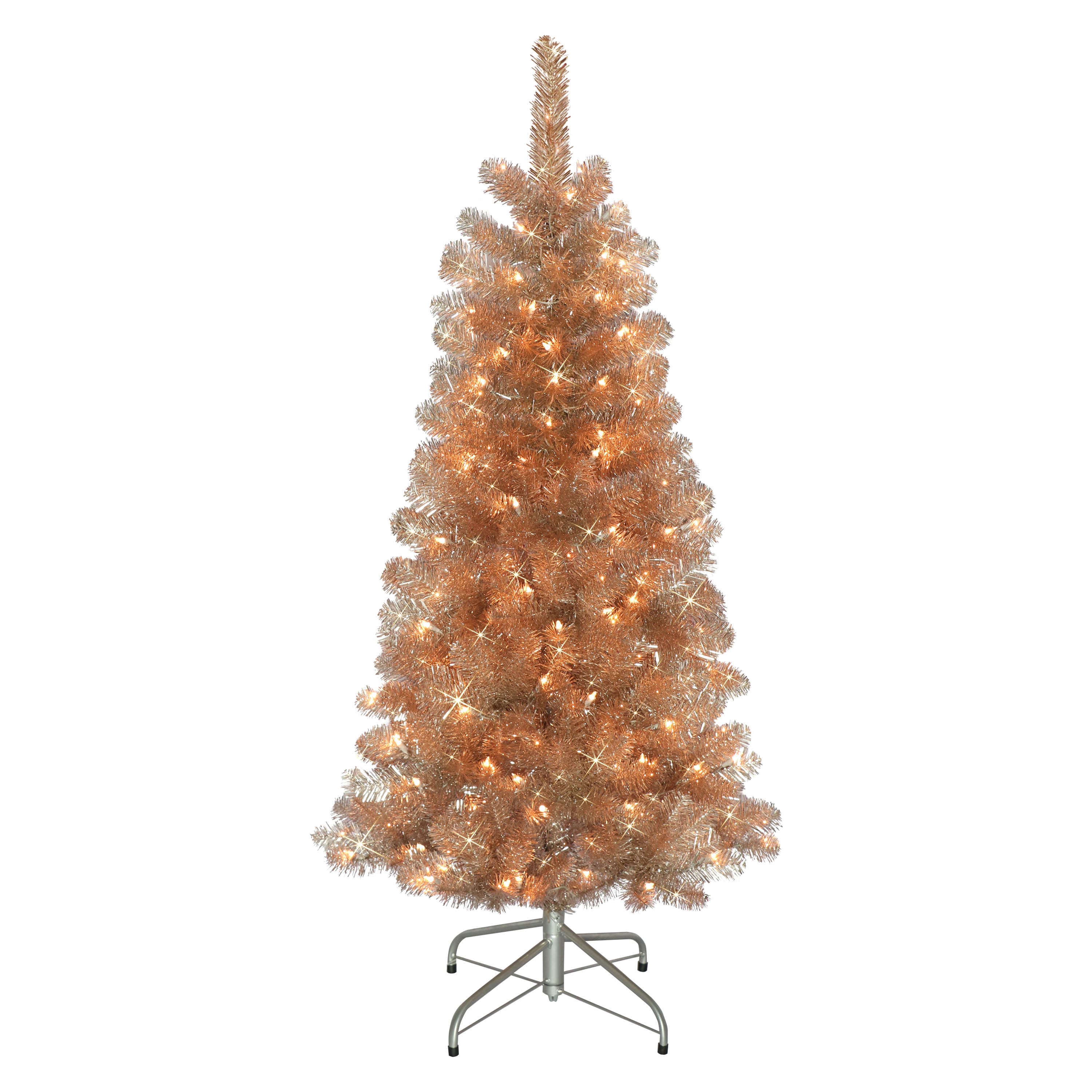 6 Pack: 4.5ft. Pre-Lit Rose Gold Tinsel Artificial Christmas Tree, Clear Lights