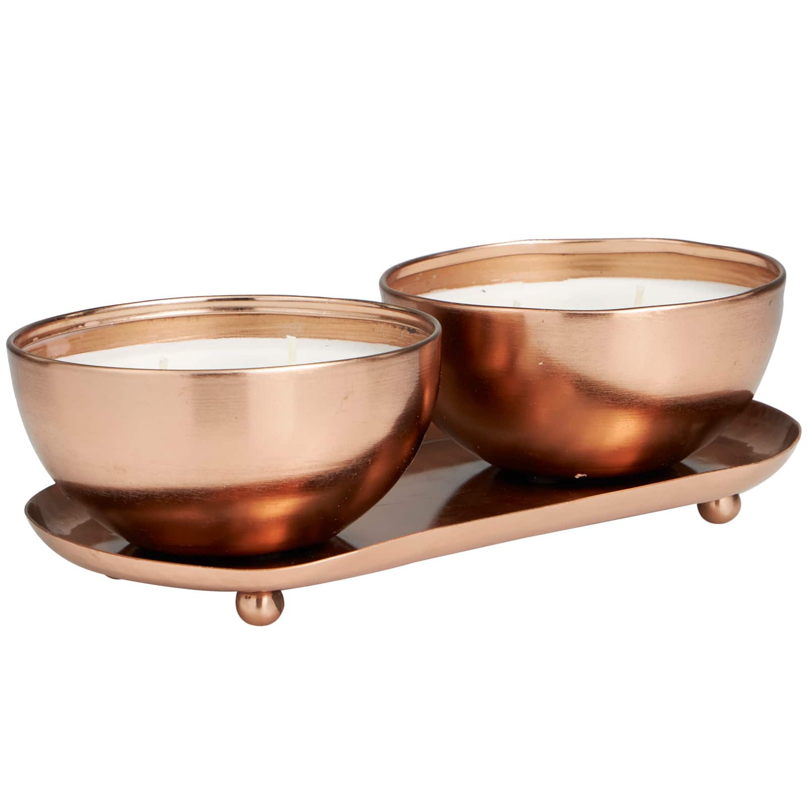 12oz. 2-Wick White Wax Tropical Breeze Scented Candle with Copper Container Bowls and Thin Oval Holding Tray Set