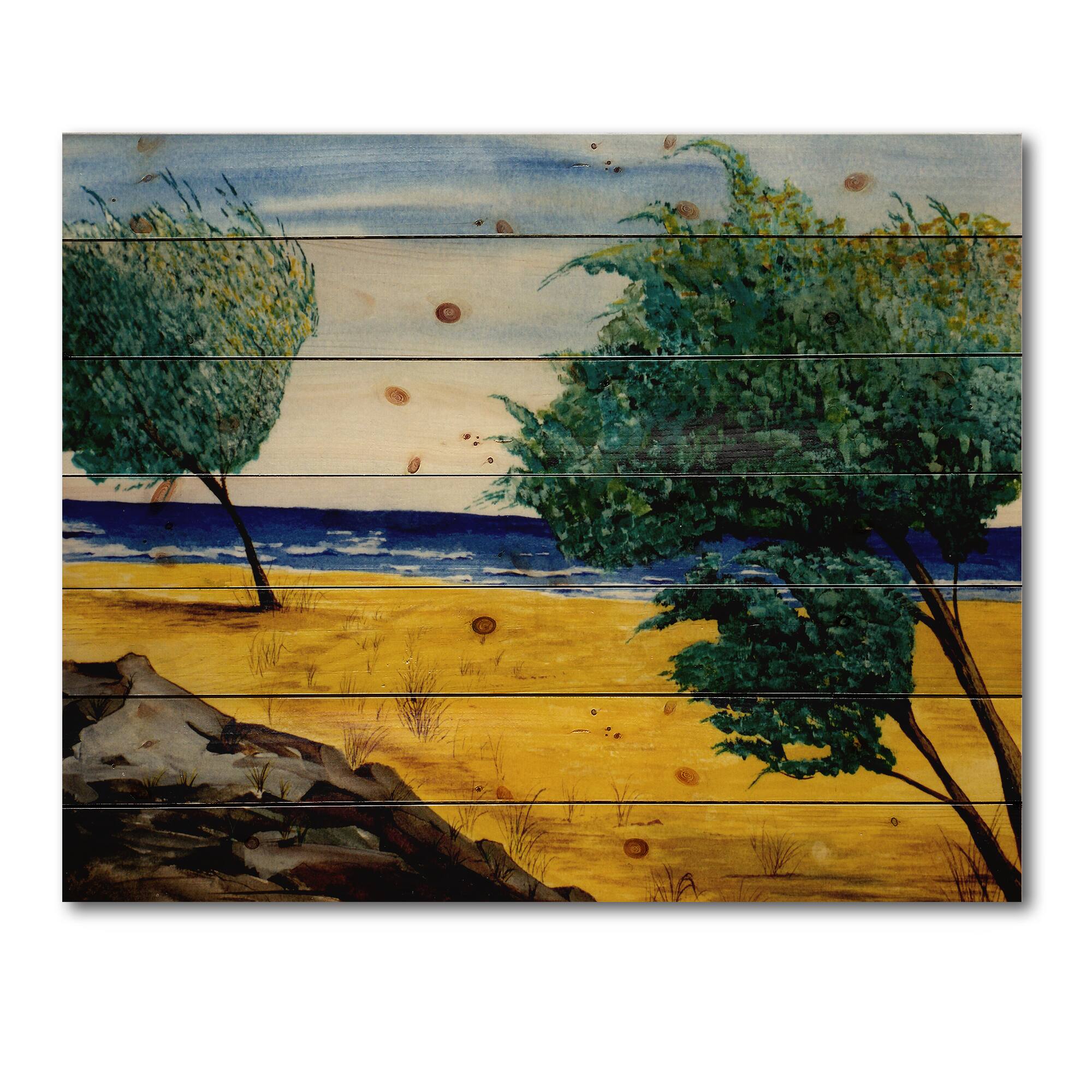 Designart - Orange Beach By The Coastline - Nautical &#x26; Coastal Print on Natural Pine Wood
