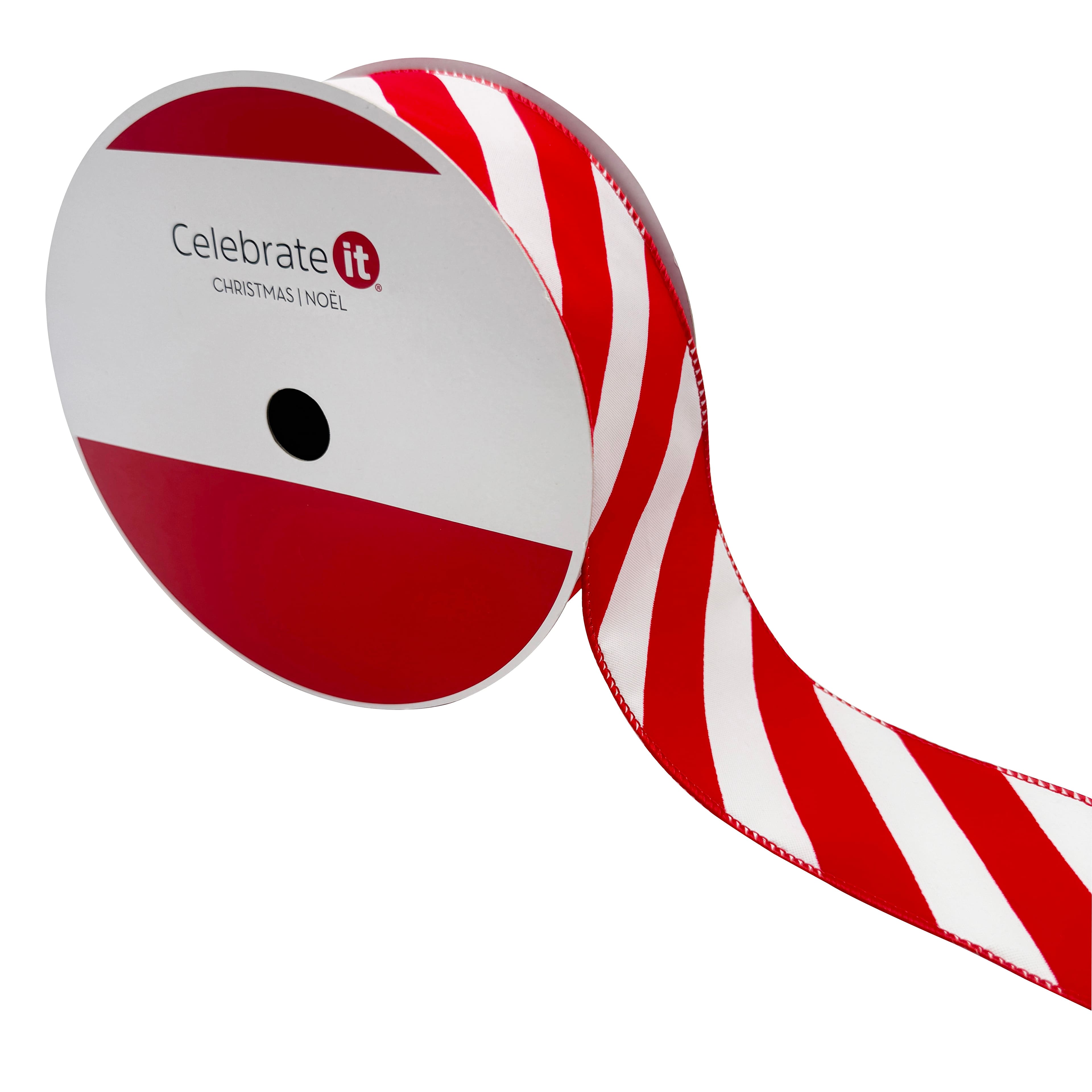 2.5&#x22; x 80ft. Red &#x26; White Diagonal Stripes Wired Jumbo Ribbon by Celebrate It&#xAE;