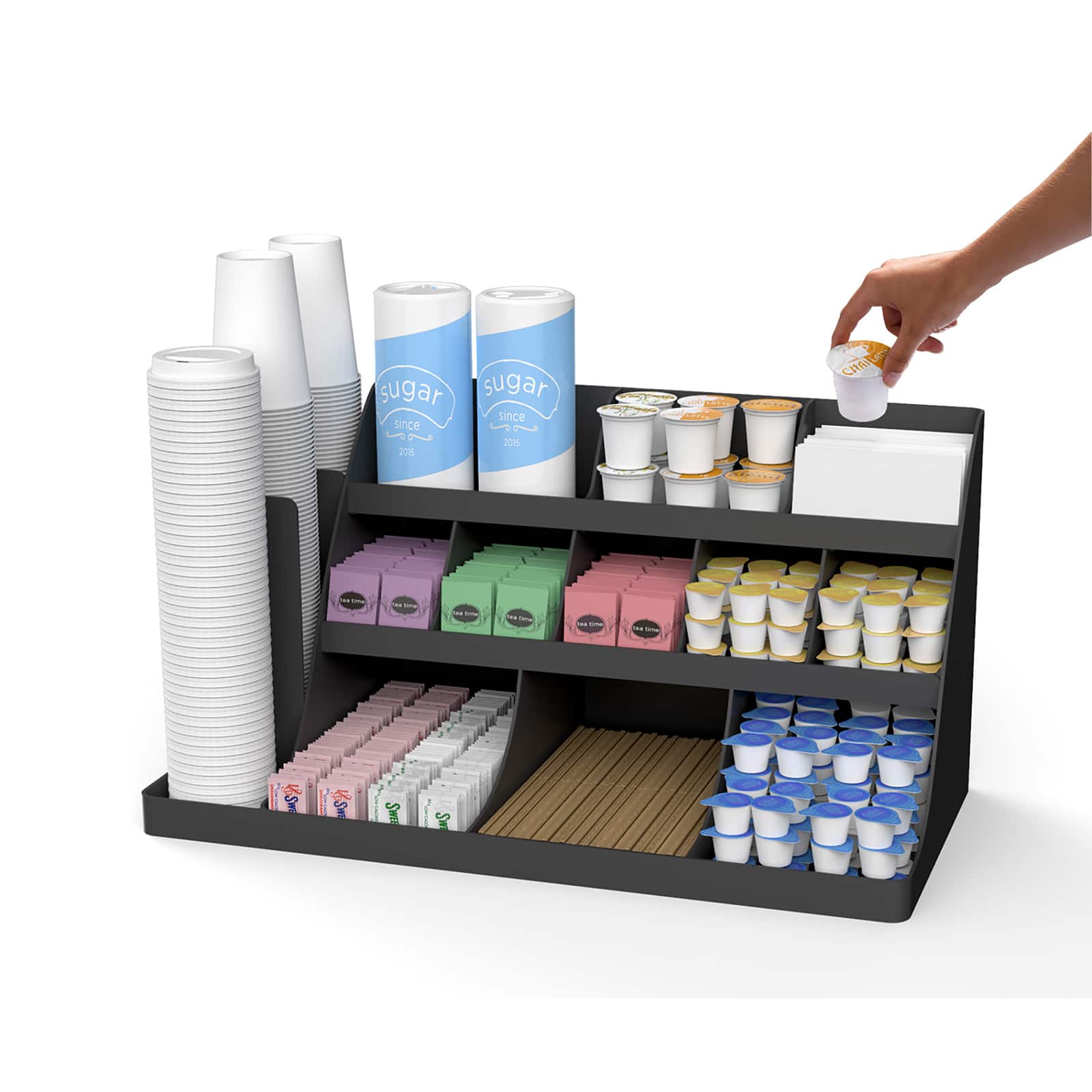 Mind Reader Black 14-Compartment 3-Tier Large Breakroom Coffee Condiment Organizer