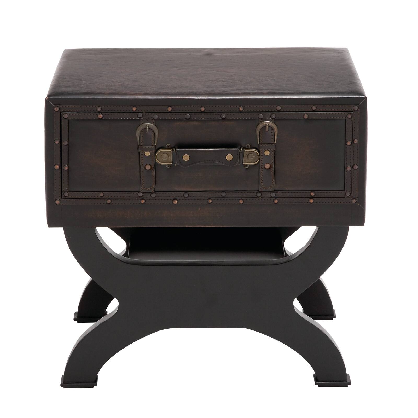 Brown Wood and Faux  Leather Traditional Accent Table, 22" x 22" x 16"