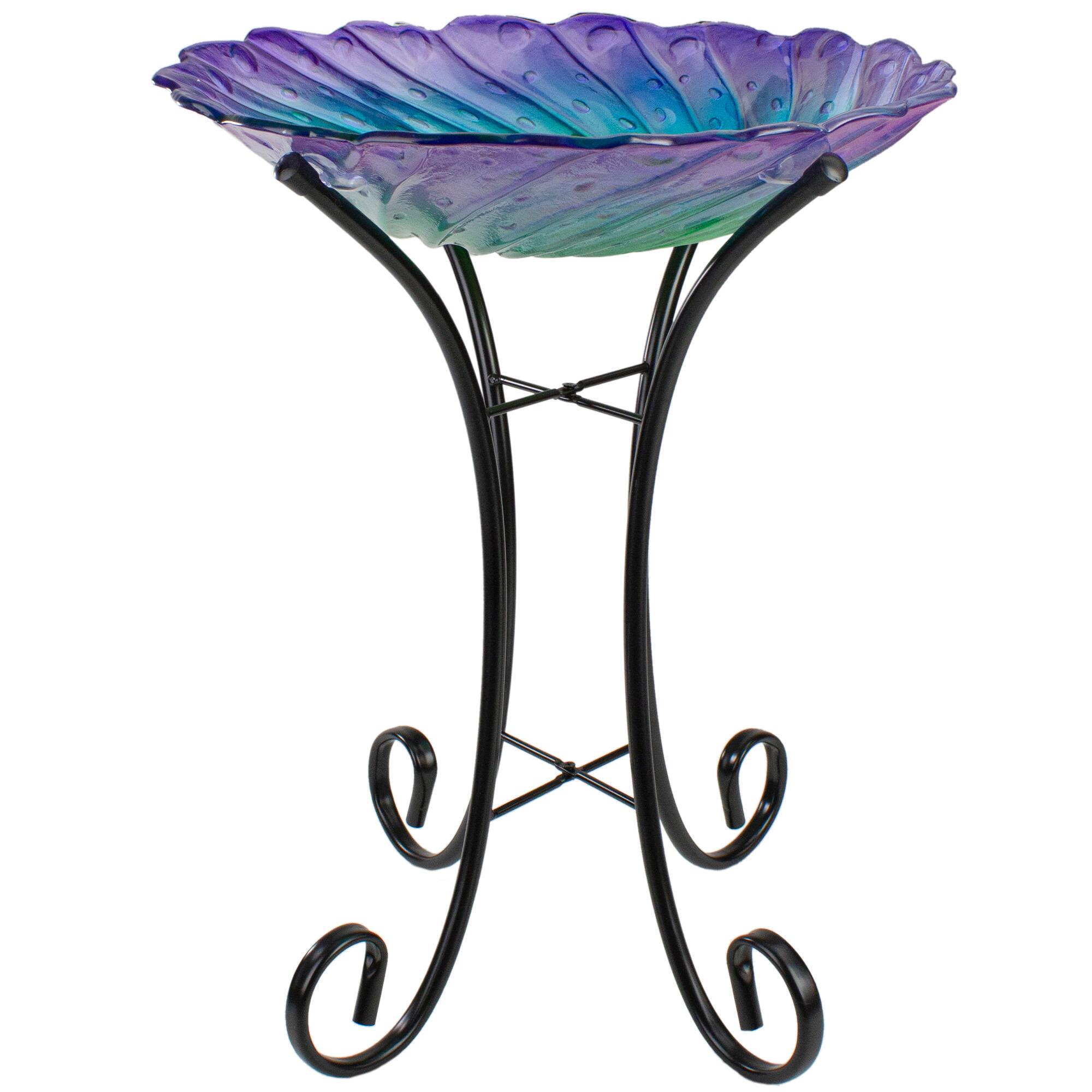 18&#x22; Purple &#x26; Green Swirled Hand Painted Glass Outdoor Birdbath