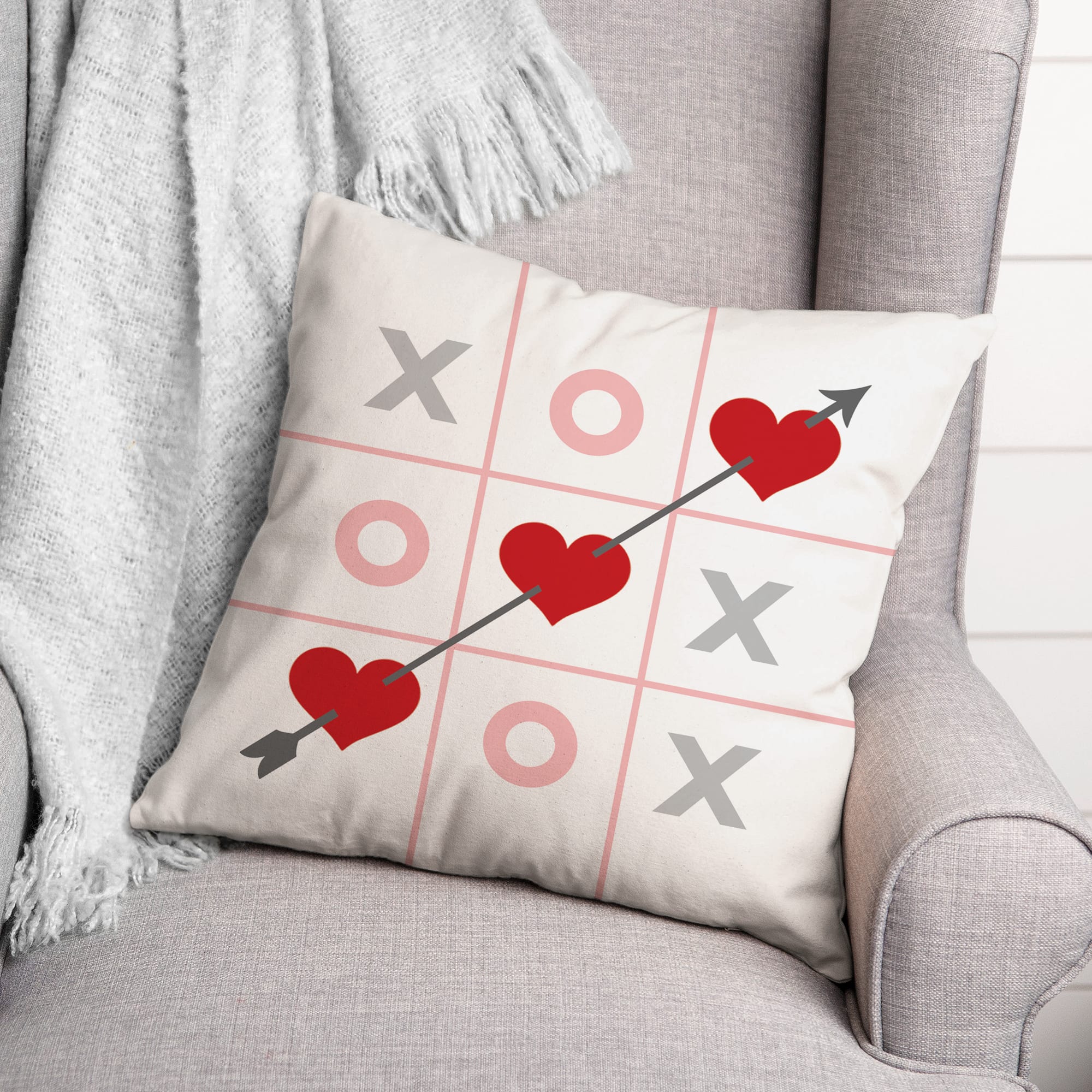 Tic Tac Toe Hearts 16&#x22; x 16&#x22; Throw Pillow