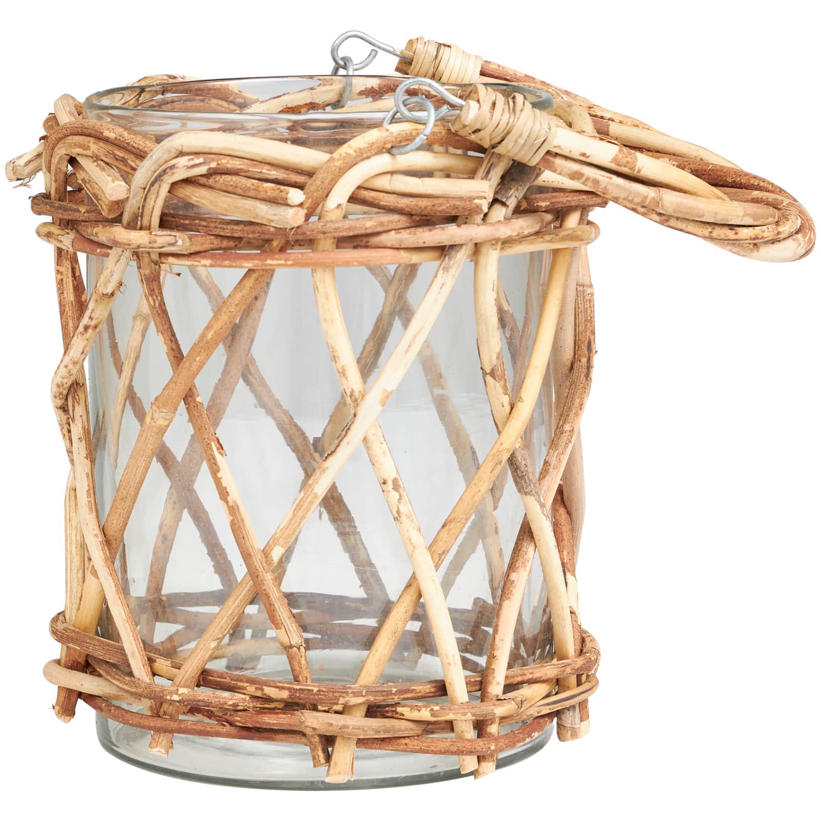 9&#x22; Clear Glass Handmade Candle Lantern with Brown Rattan Woven Exterior &#x26; Twisted Handle