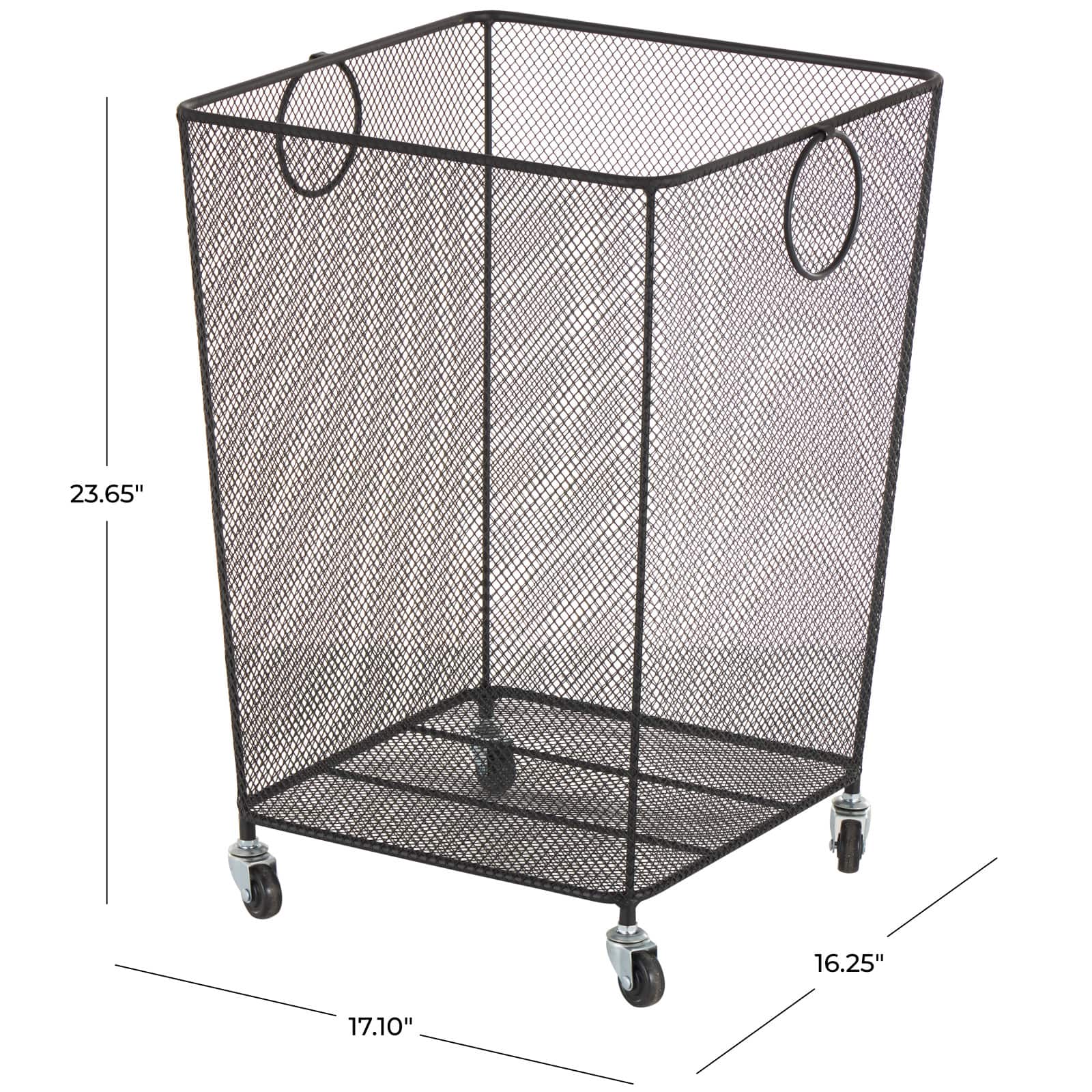 24&#x22; Black Metal Square Mesh Wire Rolling Laundry Storage Cart with Ring Handles