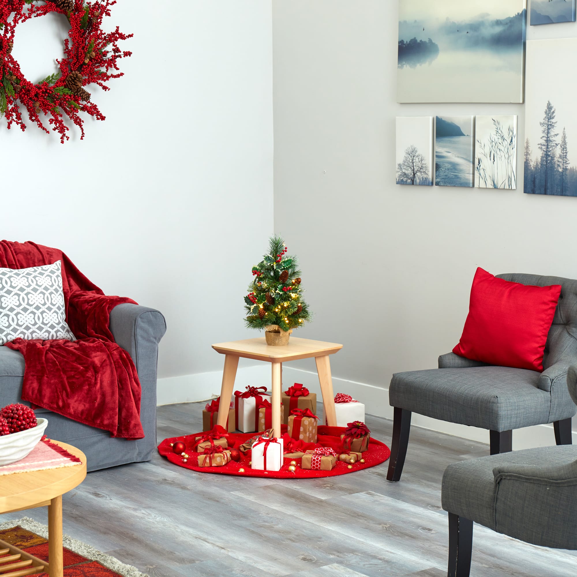 18" Pre-Lit Mixed Pine Artificial Christmas Tree with Holly Berries & Pinecones, Clear LED Lights