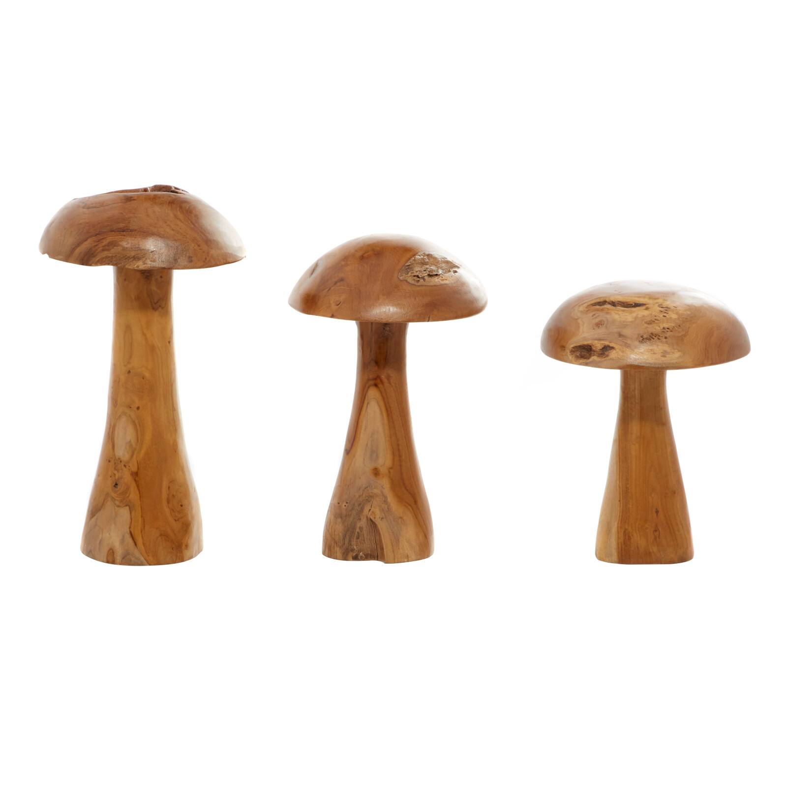 Brown Teak Wood Mushroom Sculpture Set