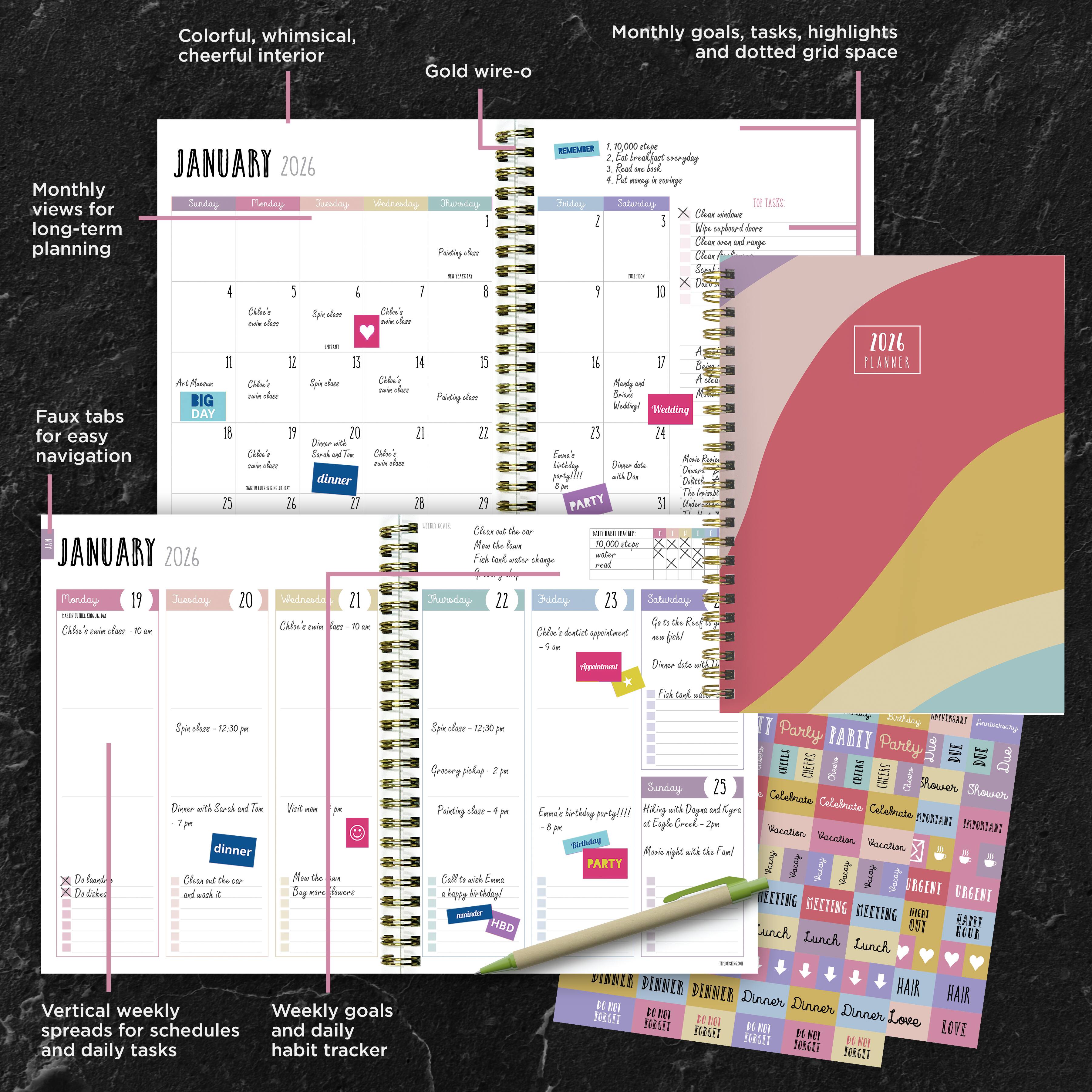 2026 Color Wave Medium Weekly Monthly Planner