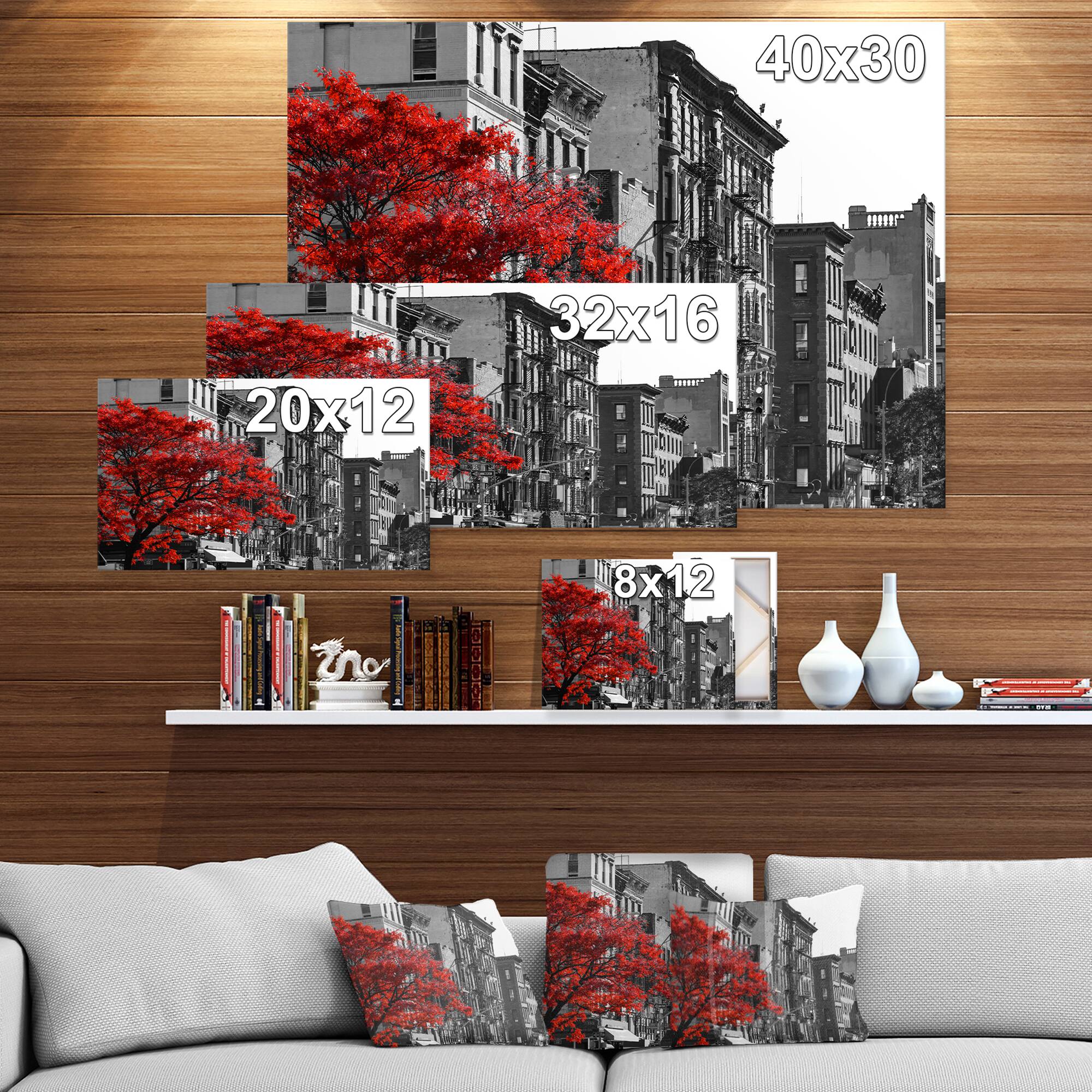 Designart - Red Tree on Black and White New York City Street - Floral Cityscapes Photographic on wrapped Canvas