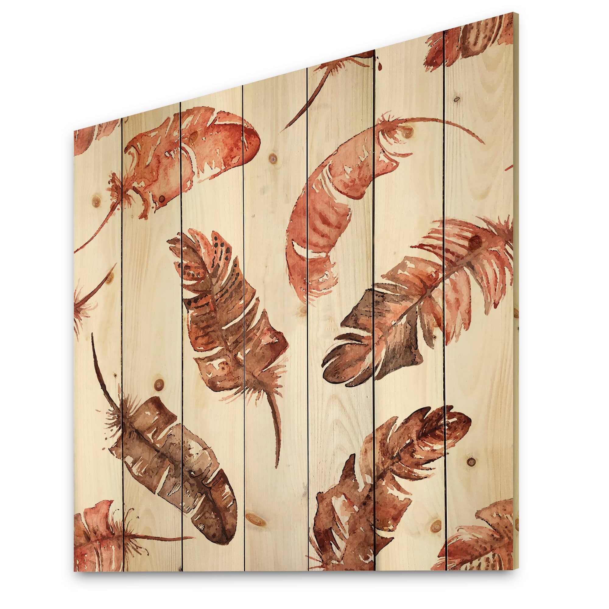 Designart - Ethinic Orange Feathers - Bohemian & Eclectic Print on Natural Pine Wood
