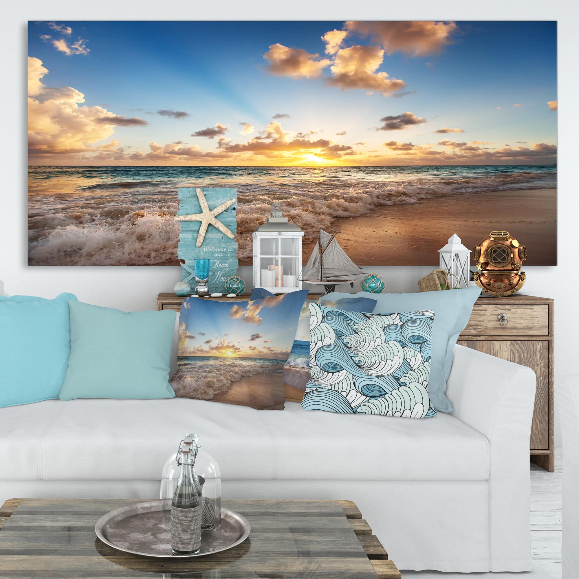 Designart - Sunrise on Beach of Caribbean Sea - Large Seashore Canvas Art Print