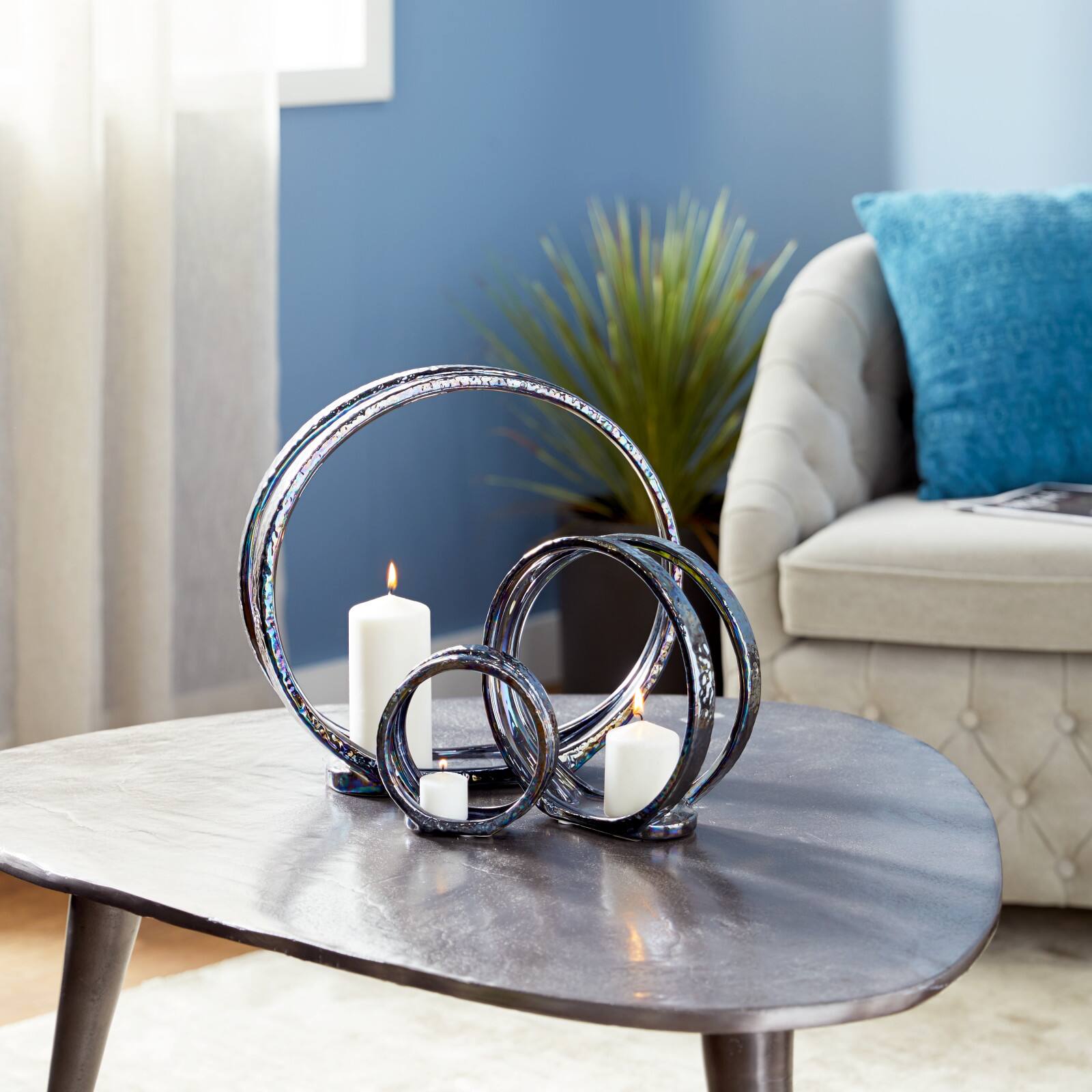 14" Silver Ceramic Glam Candlestick Holder Set