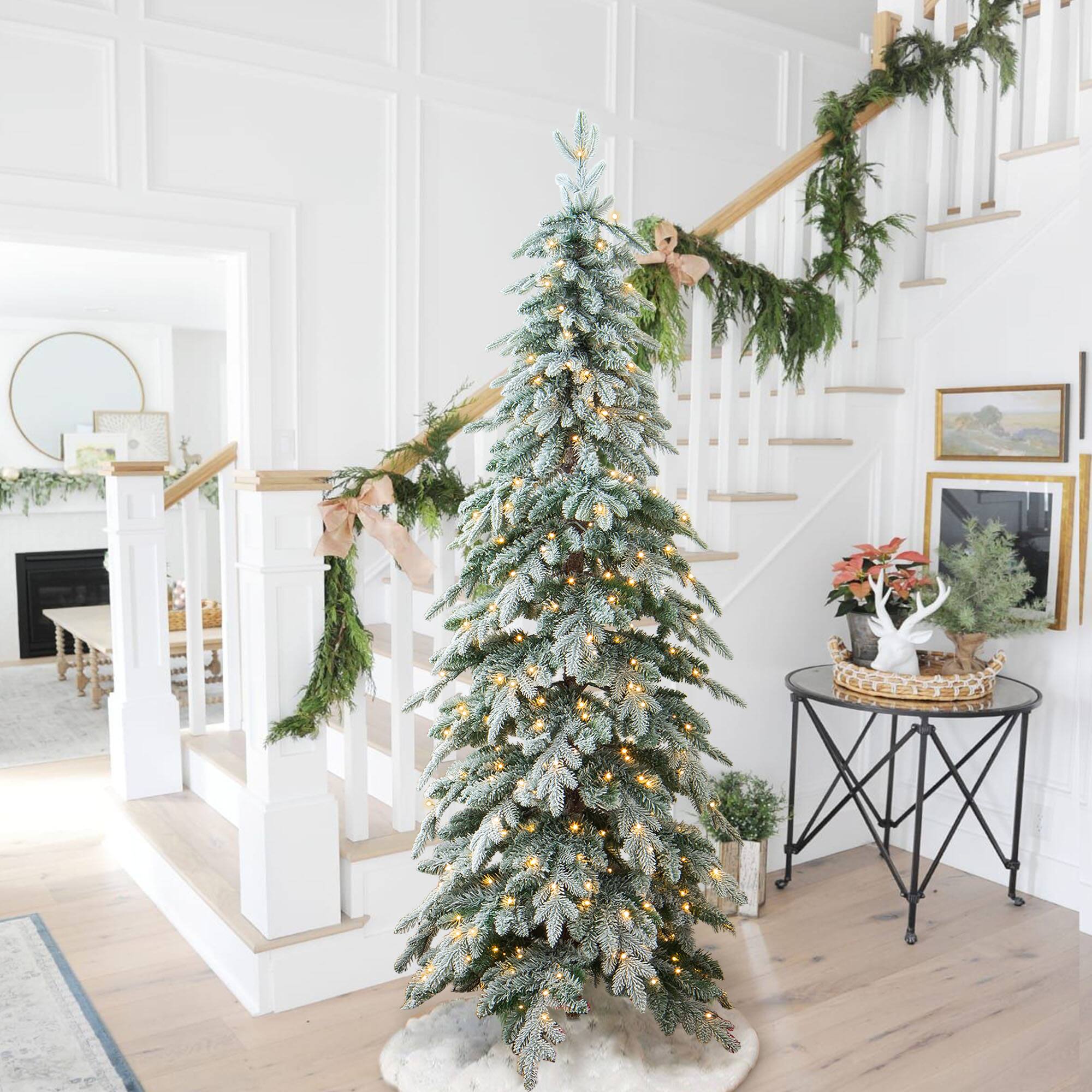7.5ft. Pre-Lit Flocked Pencil Spruce Artificial Christmas Tree, Warm White LED Lights