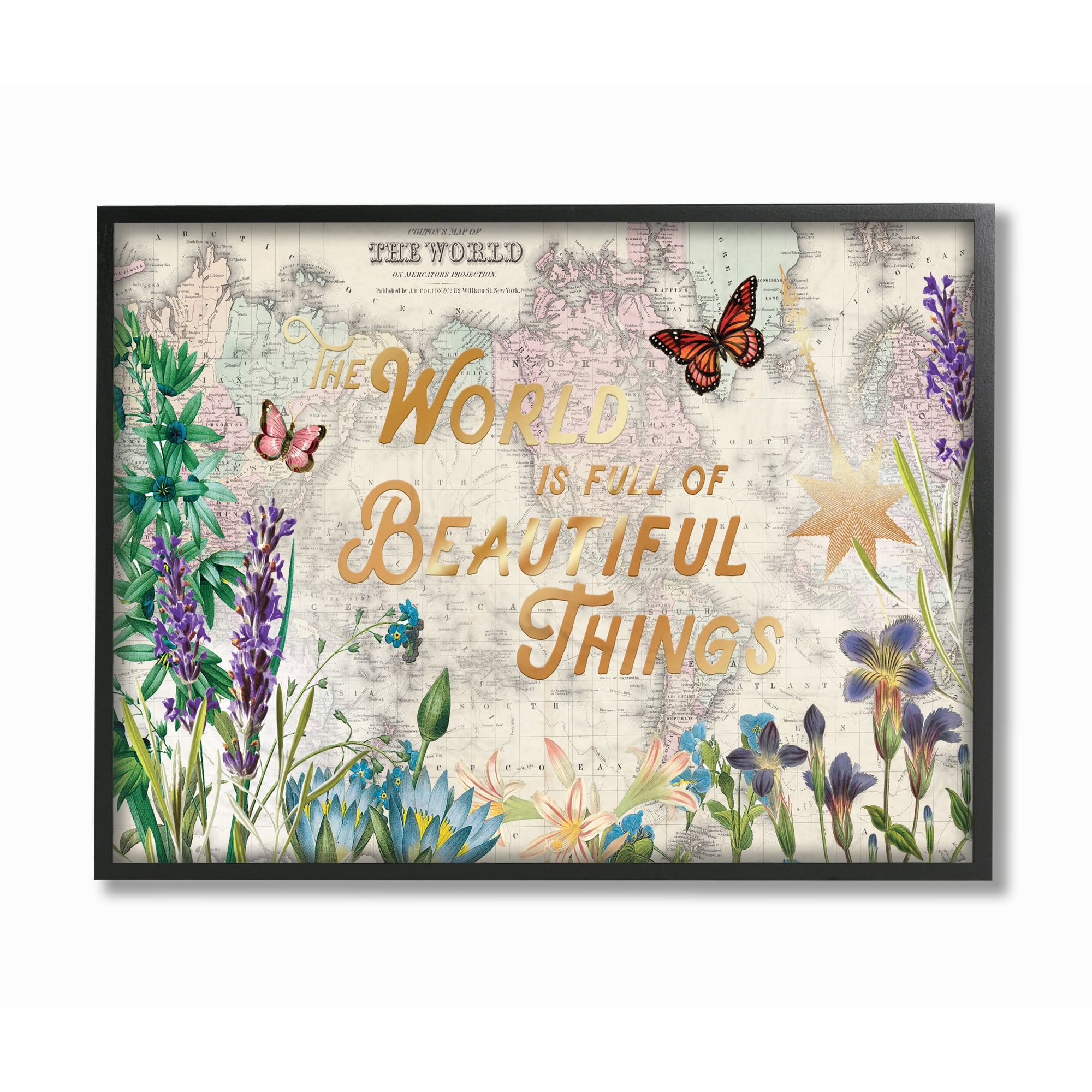 Stupell Industries Beautiful Things Floral Map Black Framed Wall Art