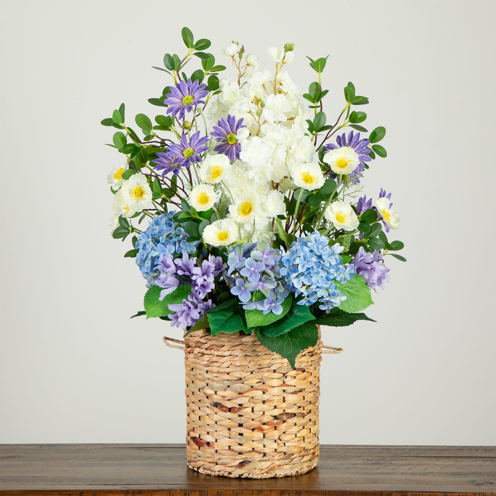 2.5ft. Artificial Mixed Flower &#x26; Hydrangea Arrangement in Hyacinth Weave Basket