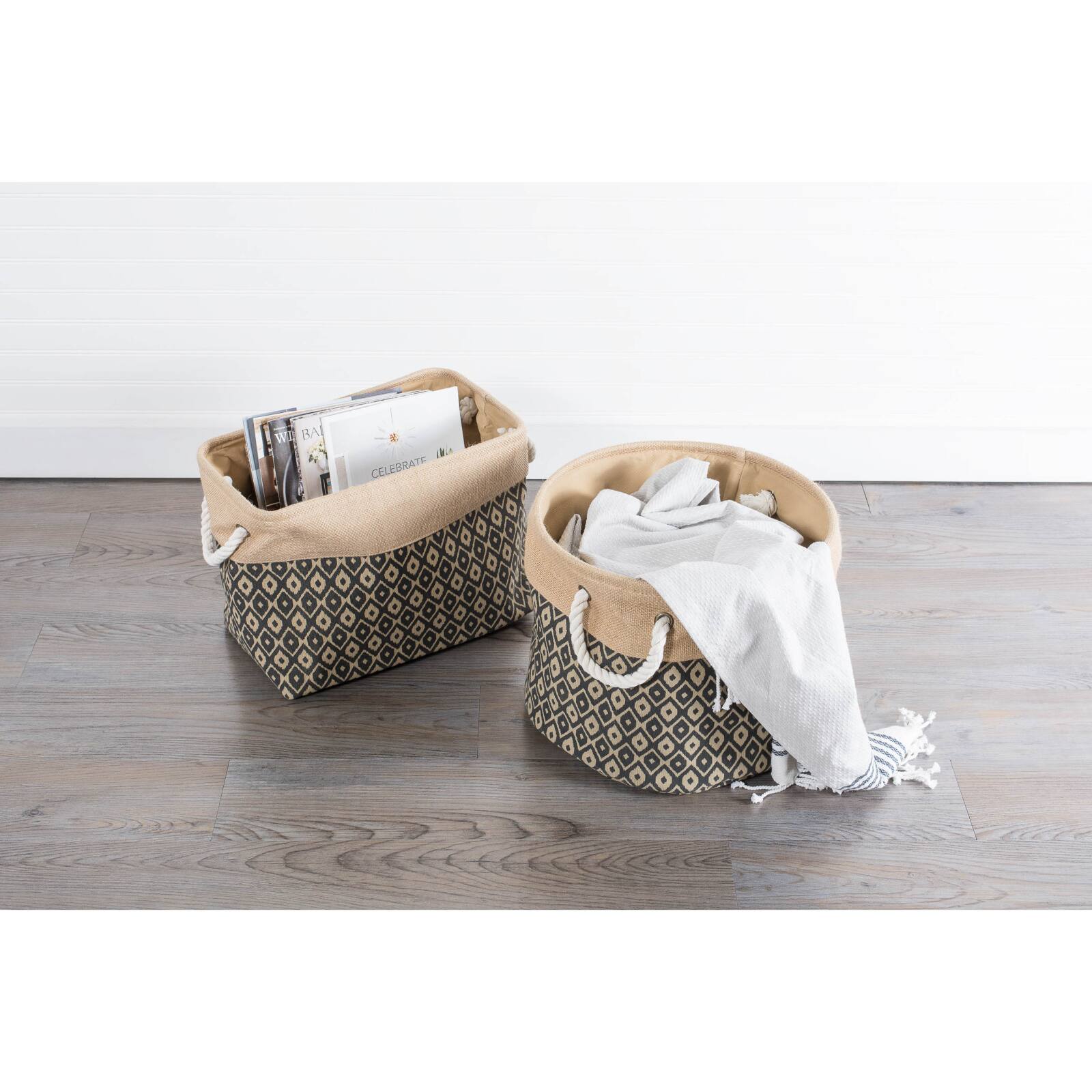 DII® 9" Black Ikat Rectangle Burlap Bin