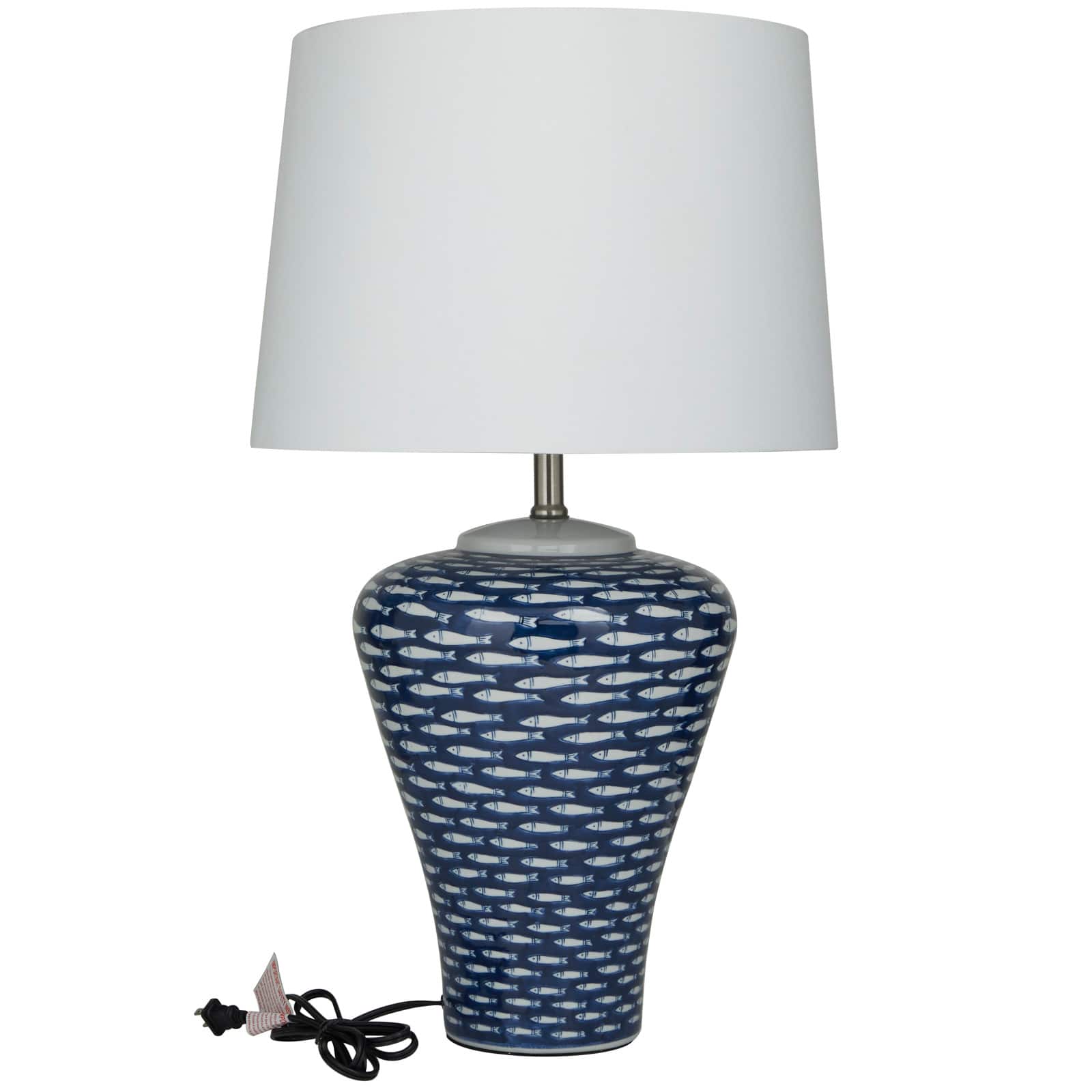 Dark Blue Ceramic Gourd Style Base Fish Table Lamp with Drum Shade 15" x 15" x 29"