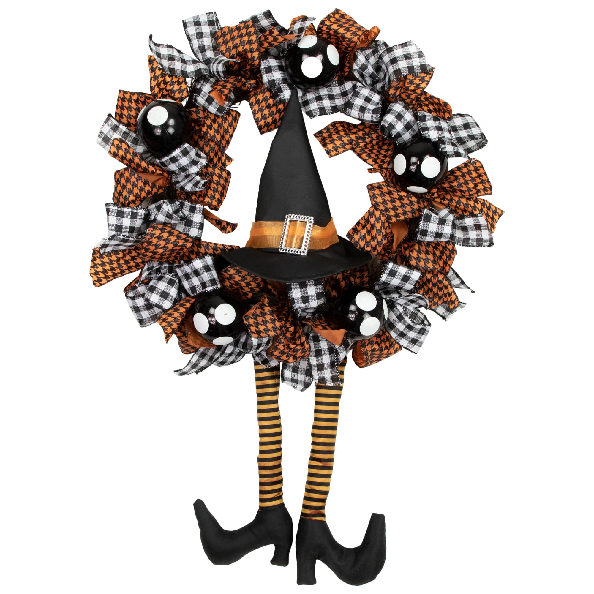 24&#x27;&#x27; Unlit Orange and Black Witch with Bows Halloween Wreath