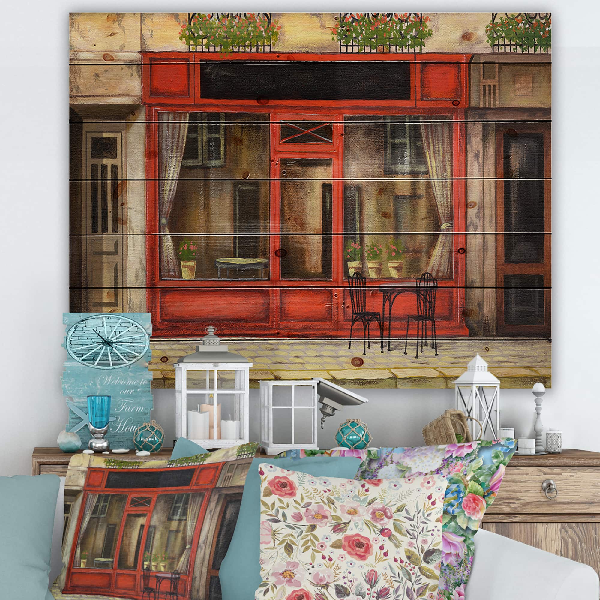 Designart - Red Facade of Charming Shop In Paris I - French Country Print on Natural Pine Wood
