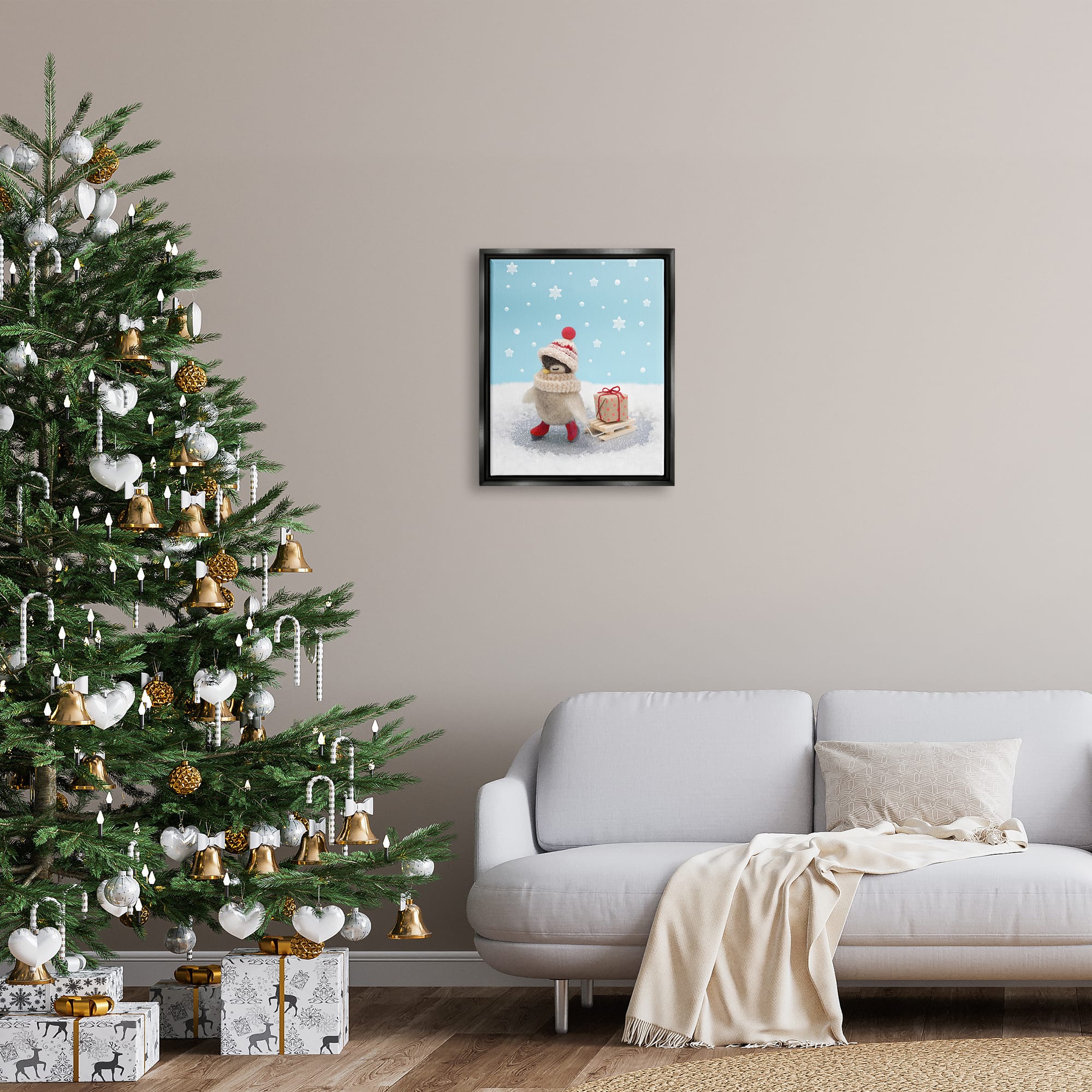 Stupell Industries Penguin Christmas Present Sled Framed Floater Canvas Wall Art