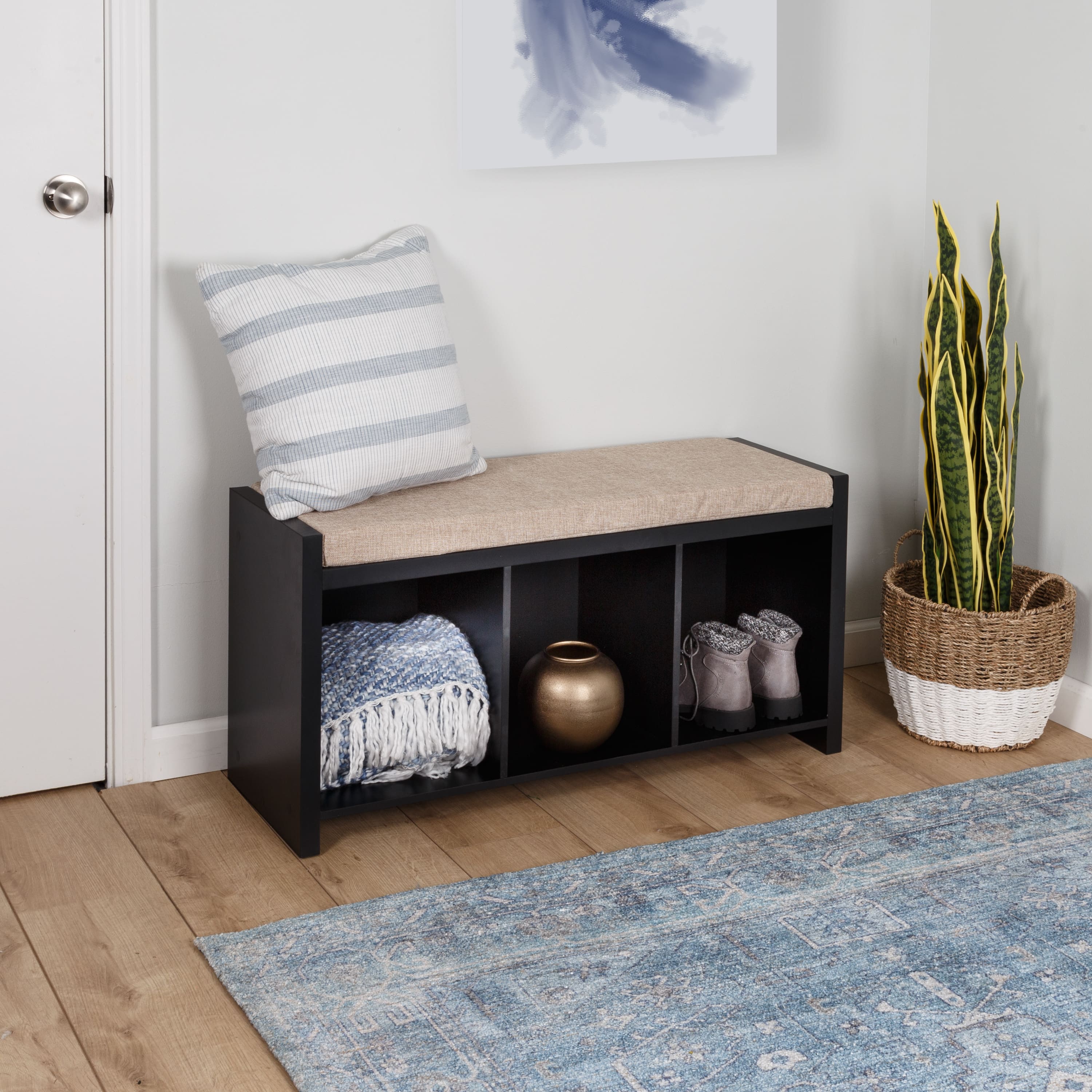 Honey Can Do Black 3-Cube Storage Bench with Cushion and Cubby Holes