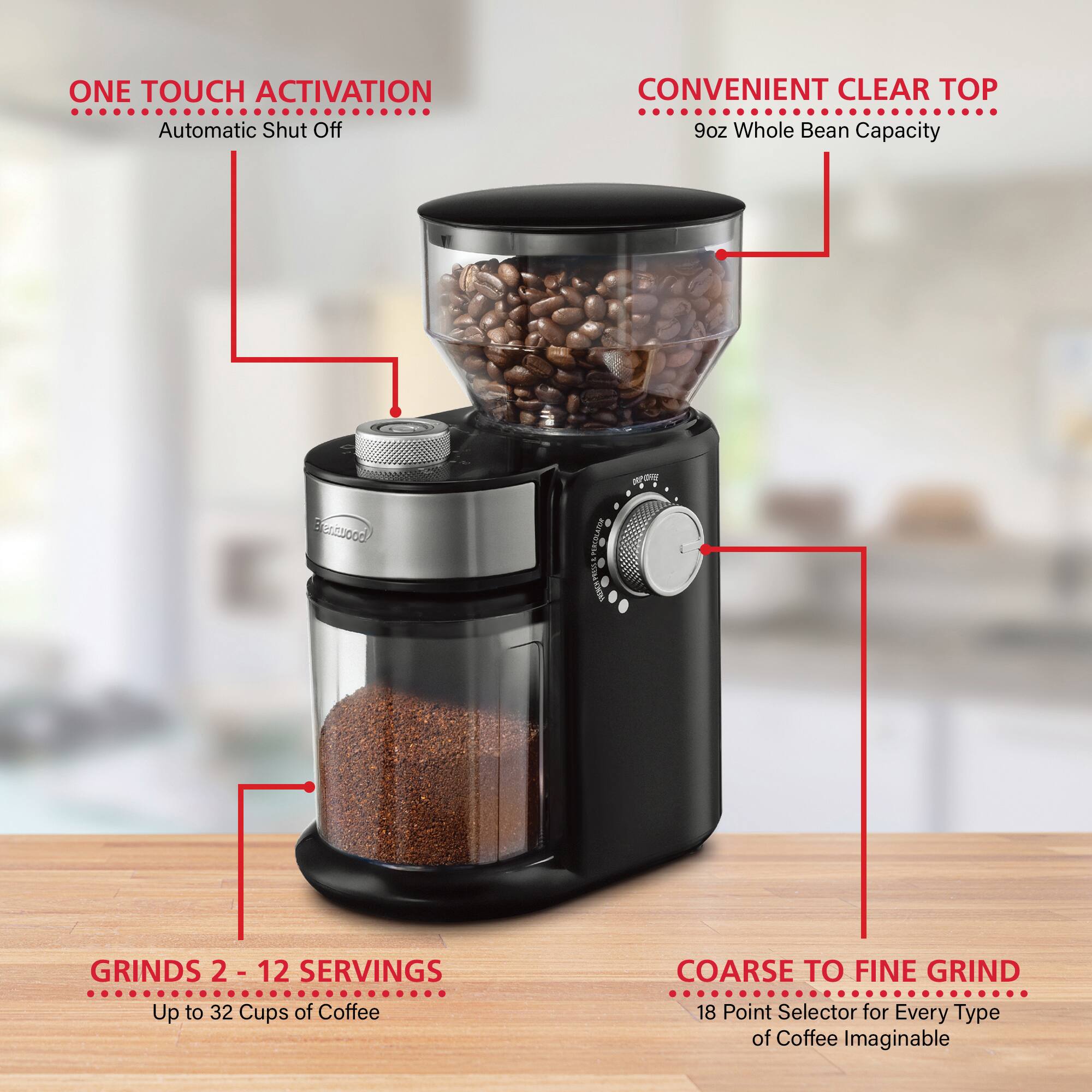 Brentwood 8oz. 150-Watt Automatic Burr Coffee Bean Grinder Mill