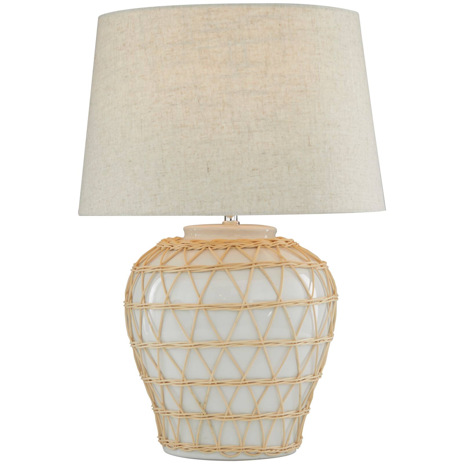 White Ceramic Woven Rattan Table Lamp with Linen Shade