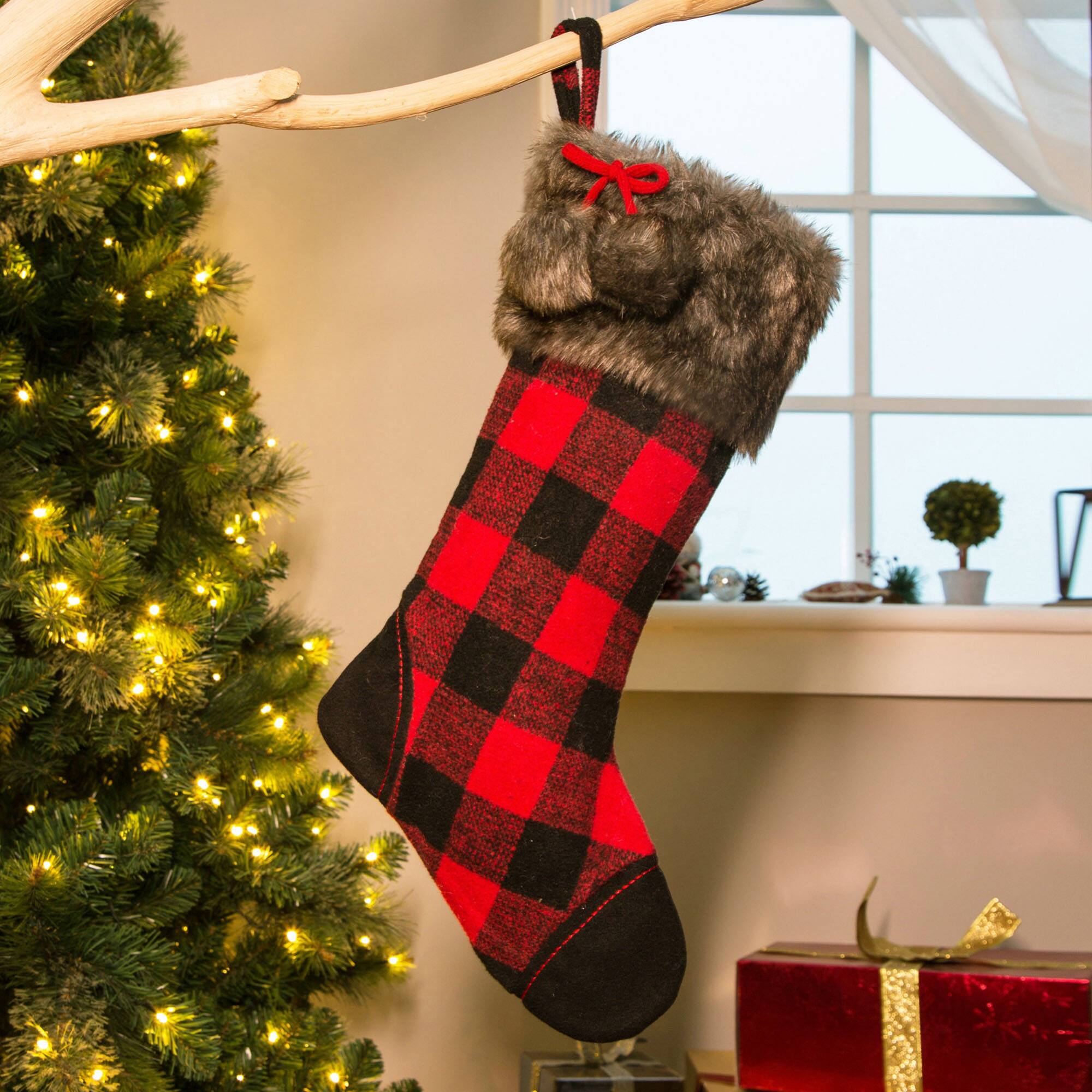 Glitzhome&#xAE; 21&#x22; Fur Black &#x26; Red Buffalo Plaid Stocking