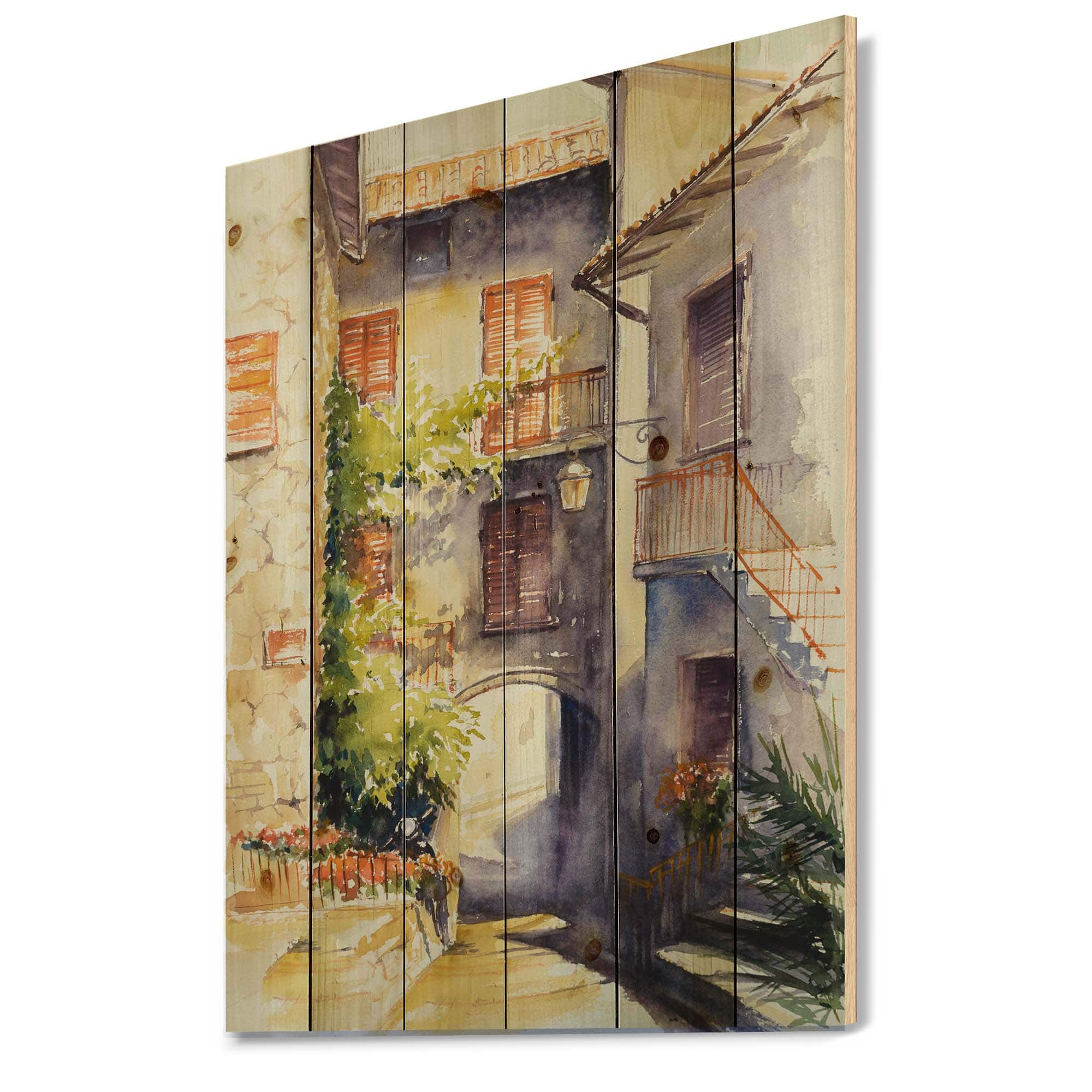 Designart - Rustic and Idyllic Italian VIllage - Country Print on Natural Pine Wood