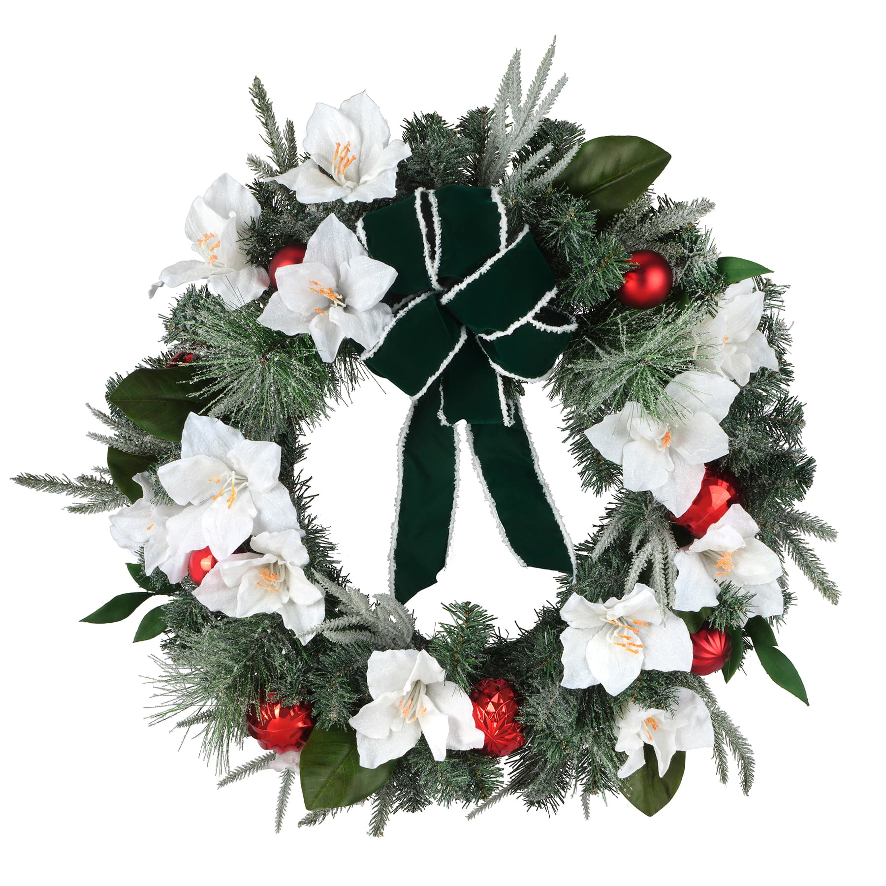 28&#x22; White &#x26; Green Amaryllis &#x26; Ornament Wreath by Ashland&#xAE;