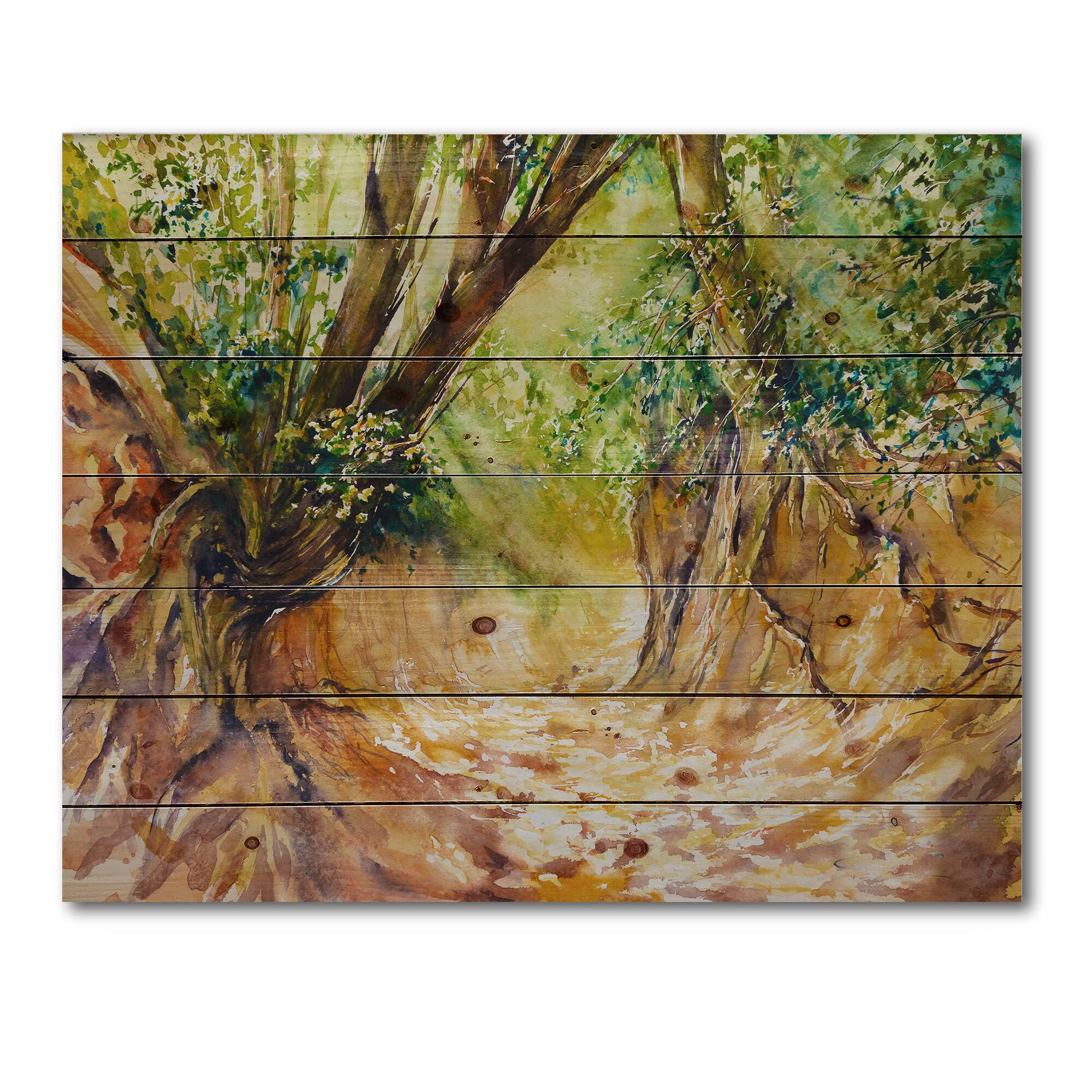 Designart - Little Forest Road - Traditional Print on Natural Pine Wood