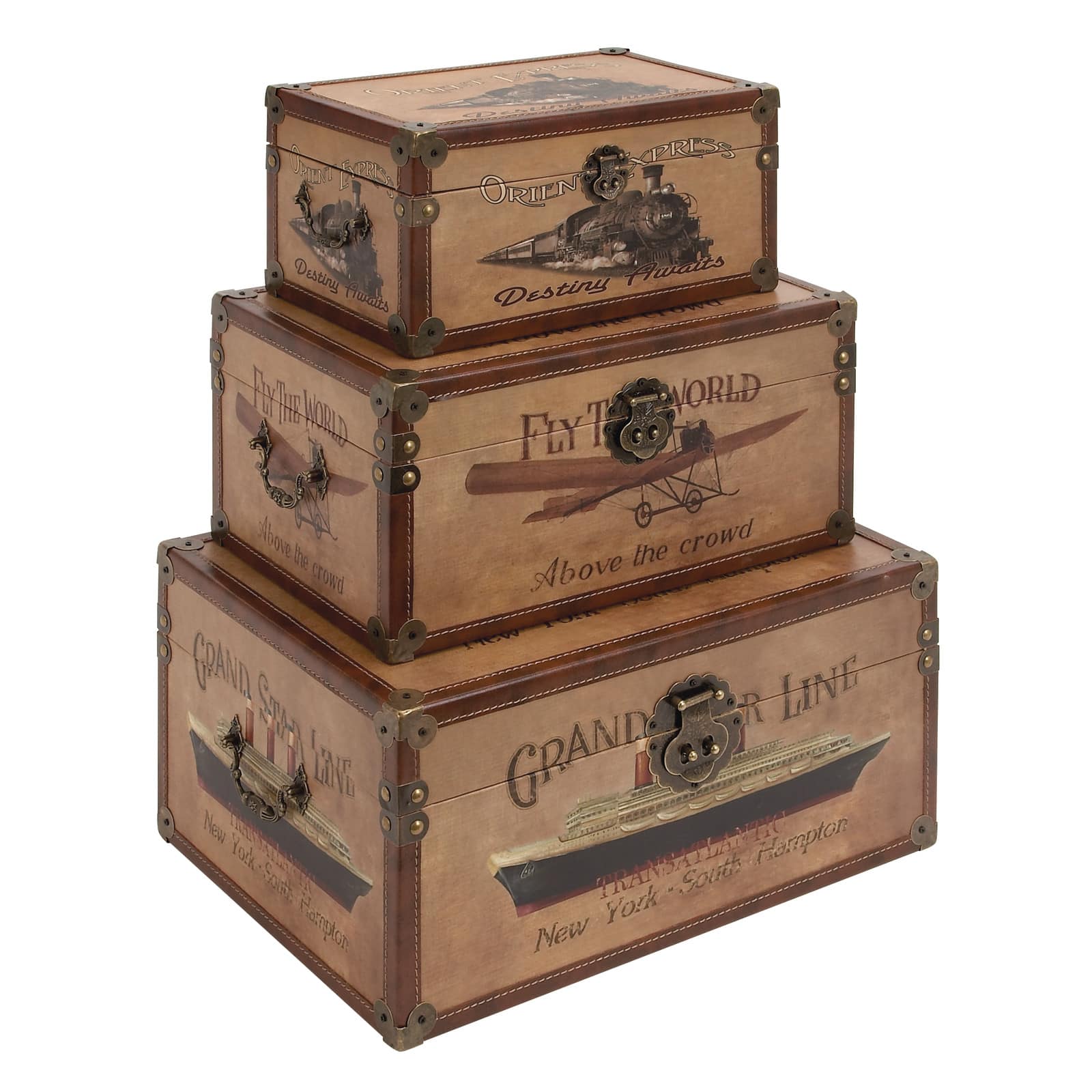 Set of 3&#x22; Brown Wood Vintage Trunk, 17&#x22;, 15&#x22;, 12&#x22;