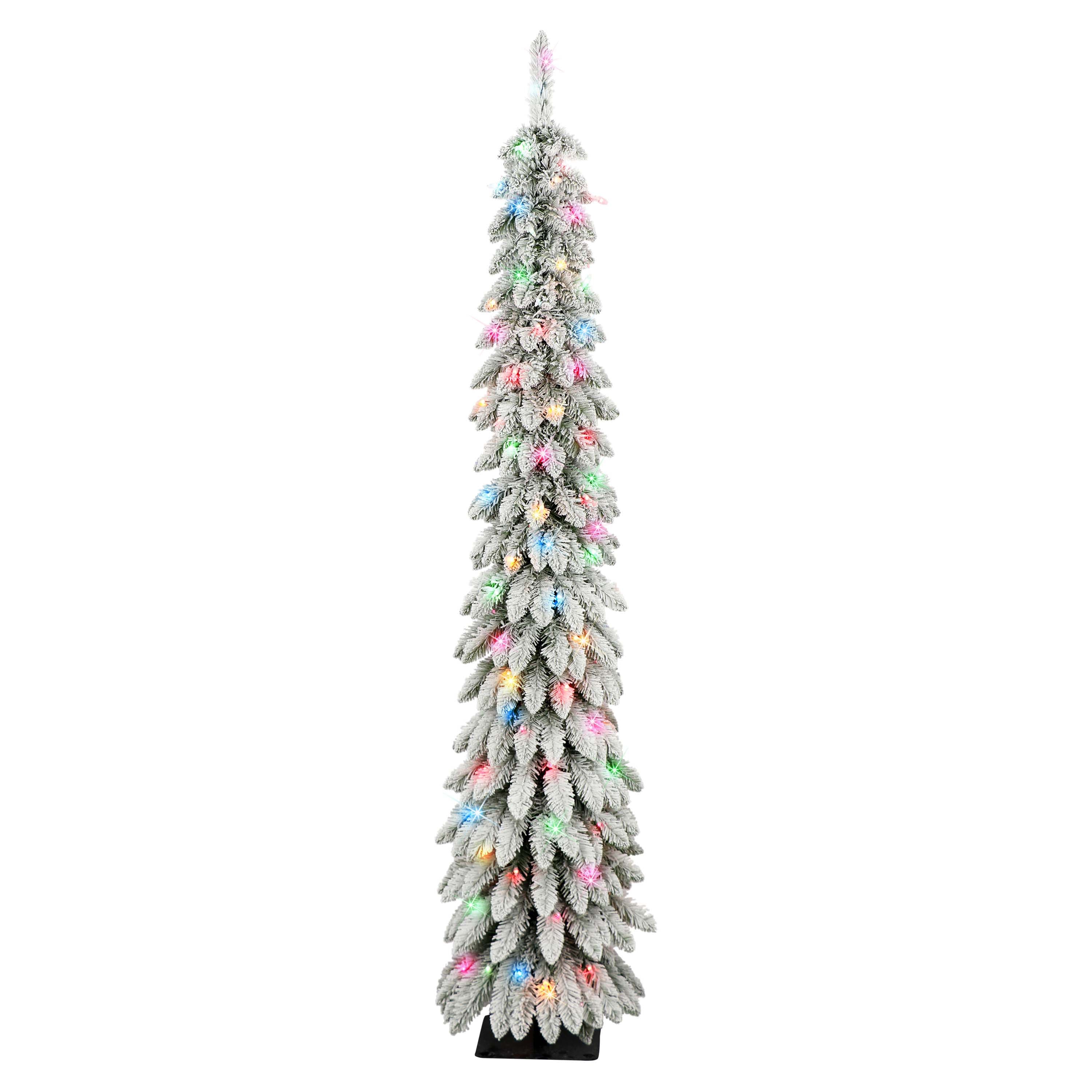 6ft. Pre-Lit Flocked Pencil Alpine Artificial Christmas Tree, Multicolor Lights
