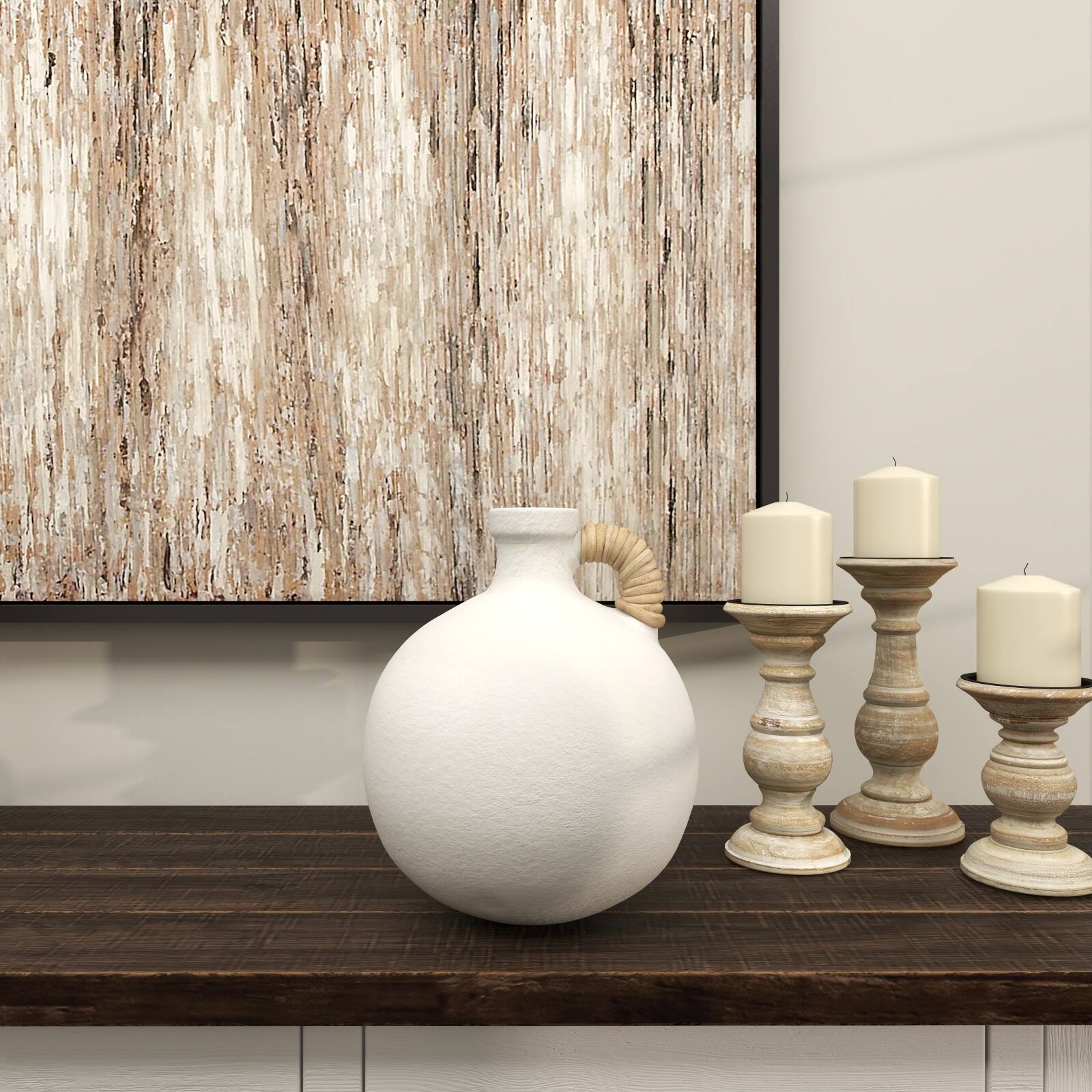 11" White Ceramic Jug Inspired Vase with Rattan Wrapped Handle