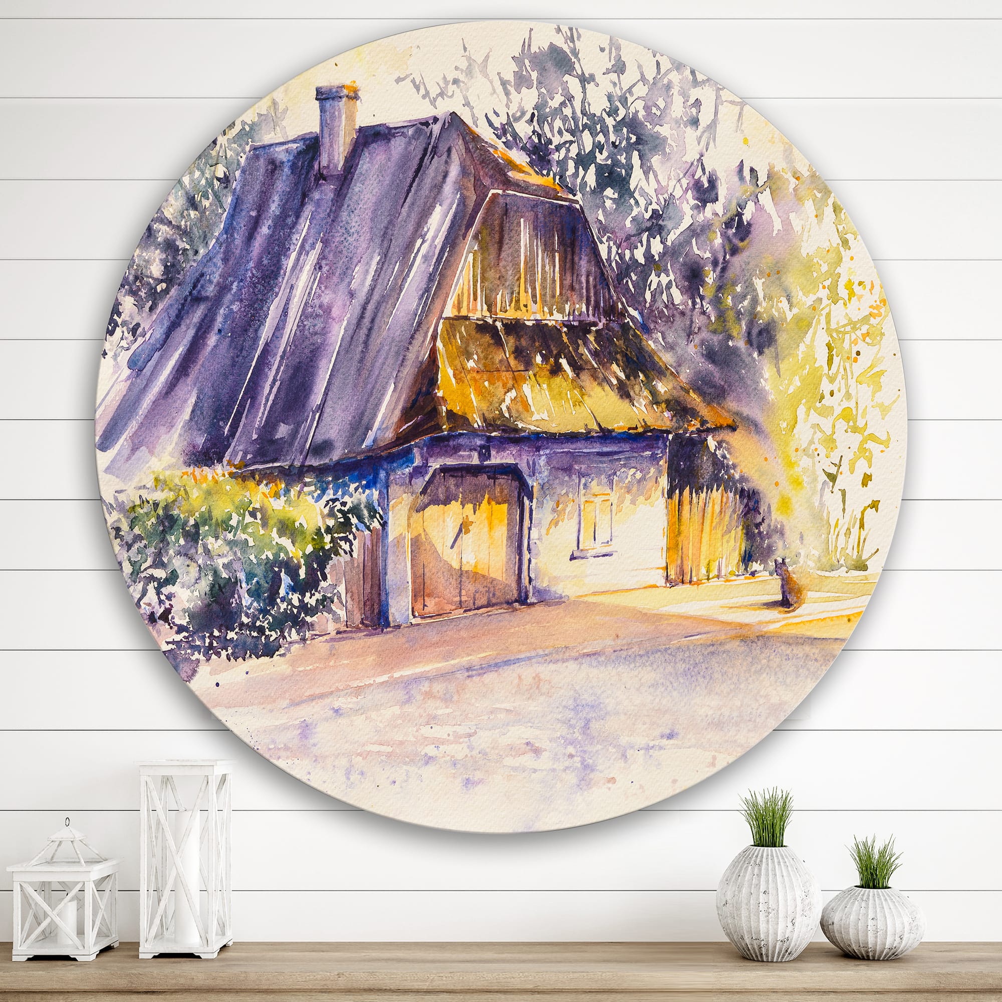 Designart - Old Wooden White House In Country Side Village - Traditional Metal Circle Wall Art