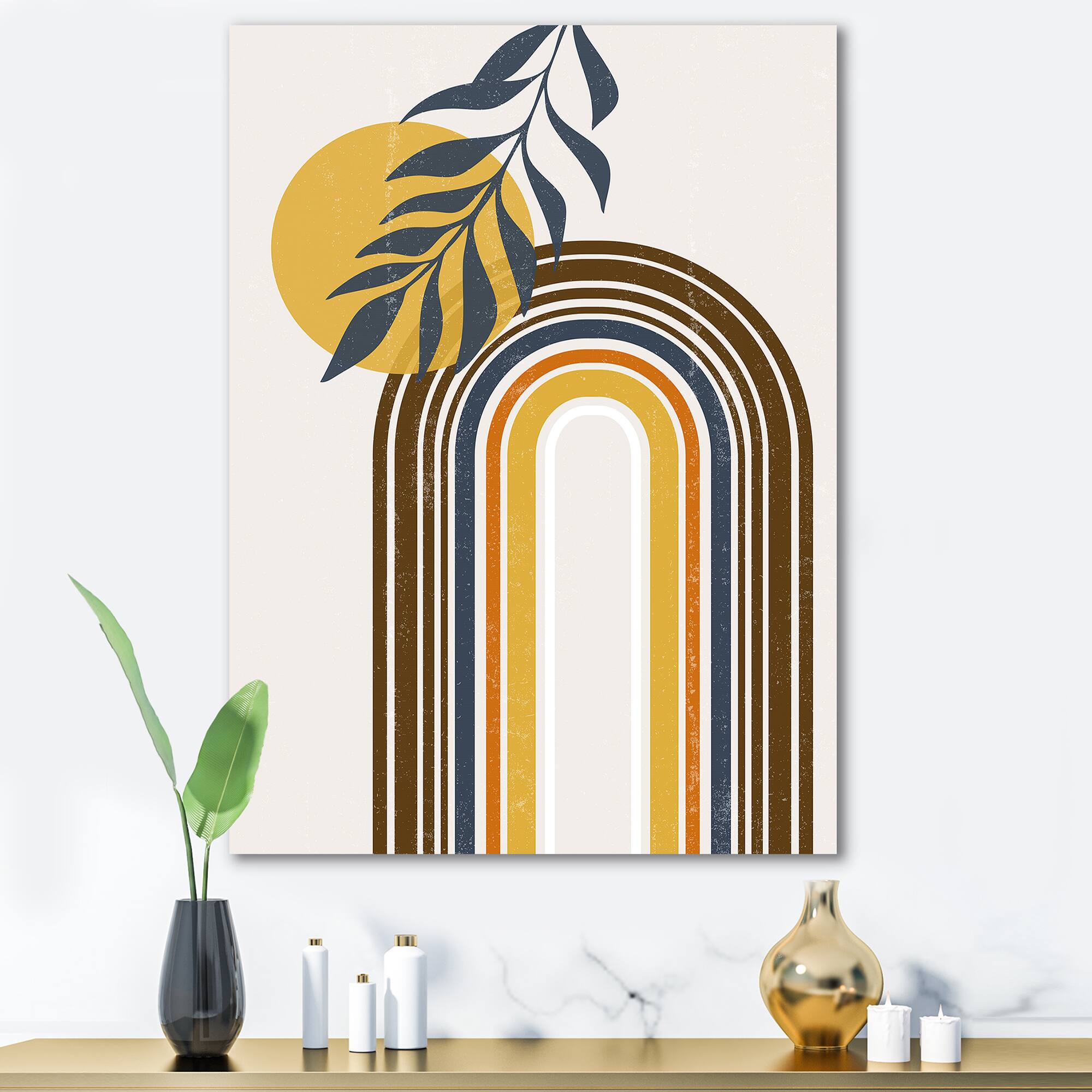 Designart - Abstract Sun Moon Leaves II - Modern Canvas Wall Art Print