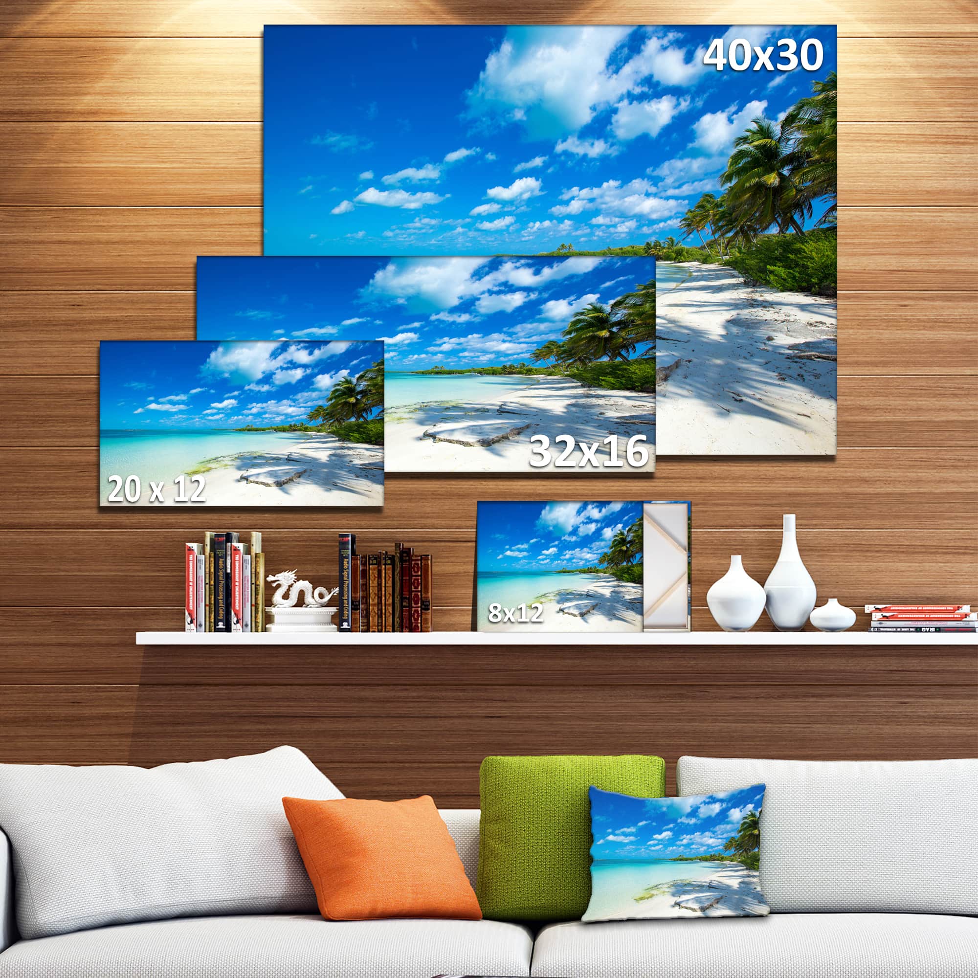 Designart - Tropical Beach with Palm Shadows - Large Seashore Canvas Print