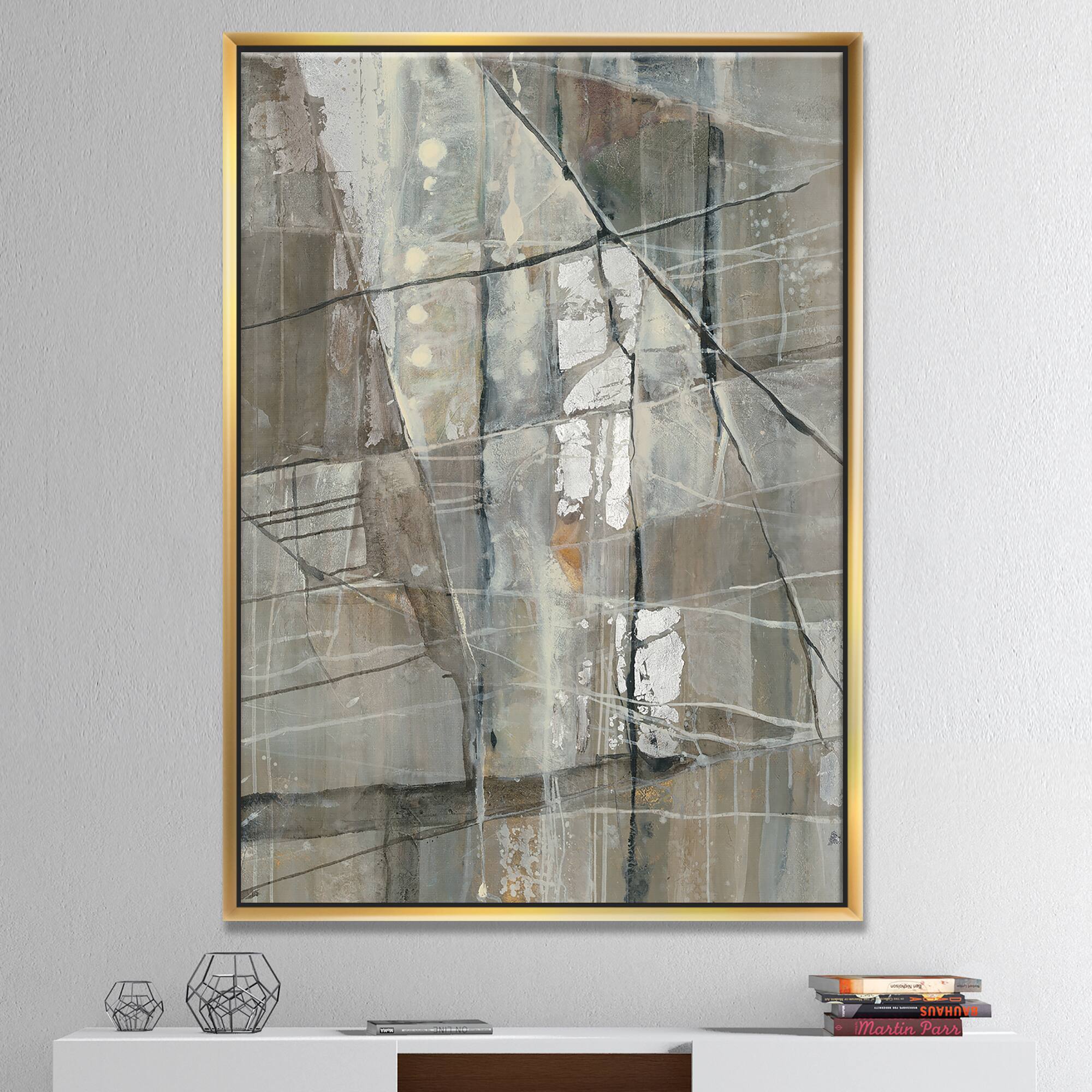 Designart - Silver and Beige Abstract Waterpainting - Contemporary Canvas in Gold Frame