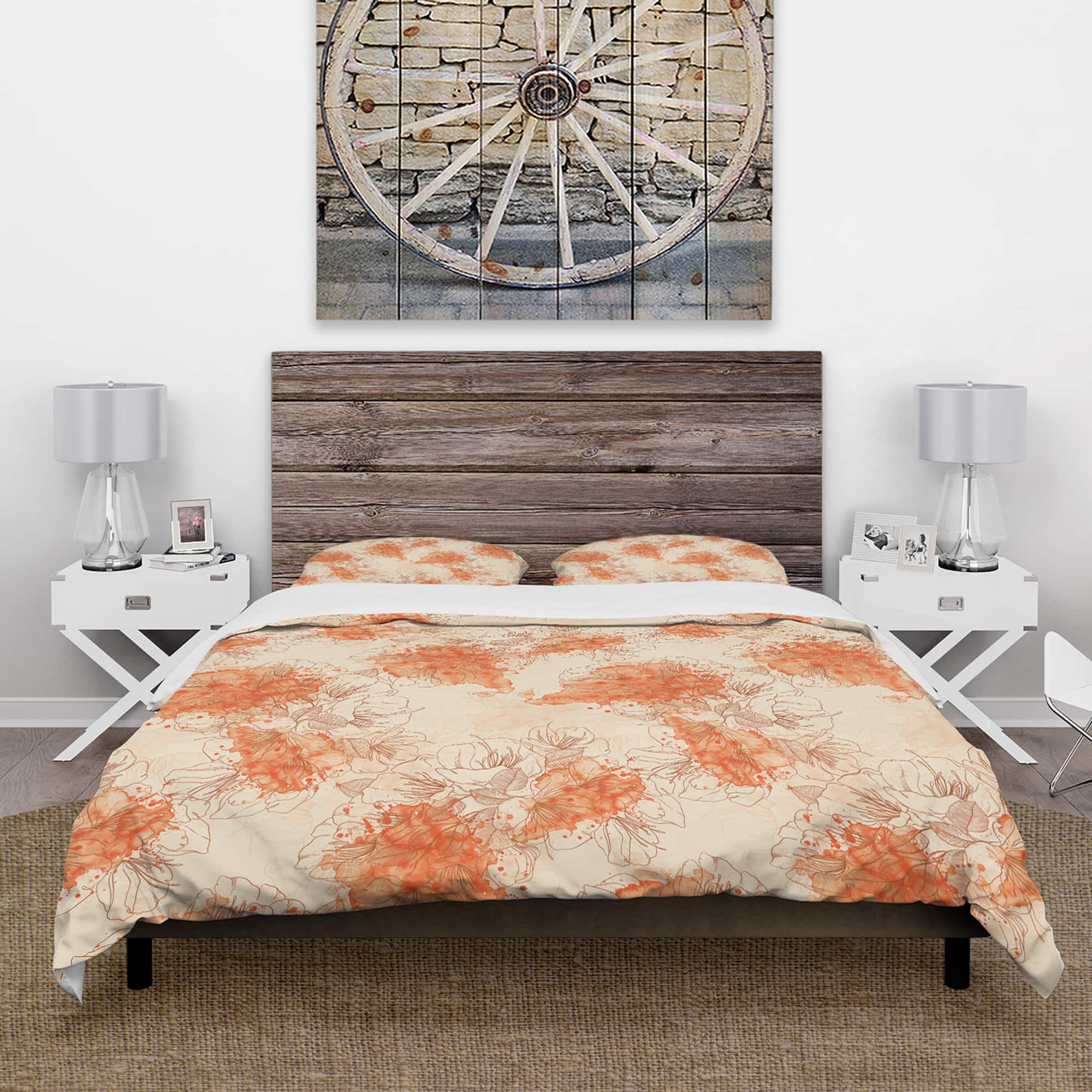 Designart &#x27;Handdrawn Asian Flowers with Orange Watercolor&#x27; Floral Bedding Set - Duvet Cover &#x26; Shams