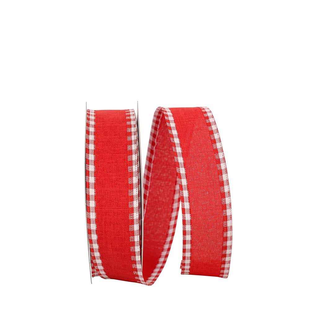 JAM Paper 1.5" x 20yd. Red Checked Edge Wired Linen Ribbon