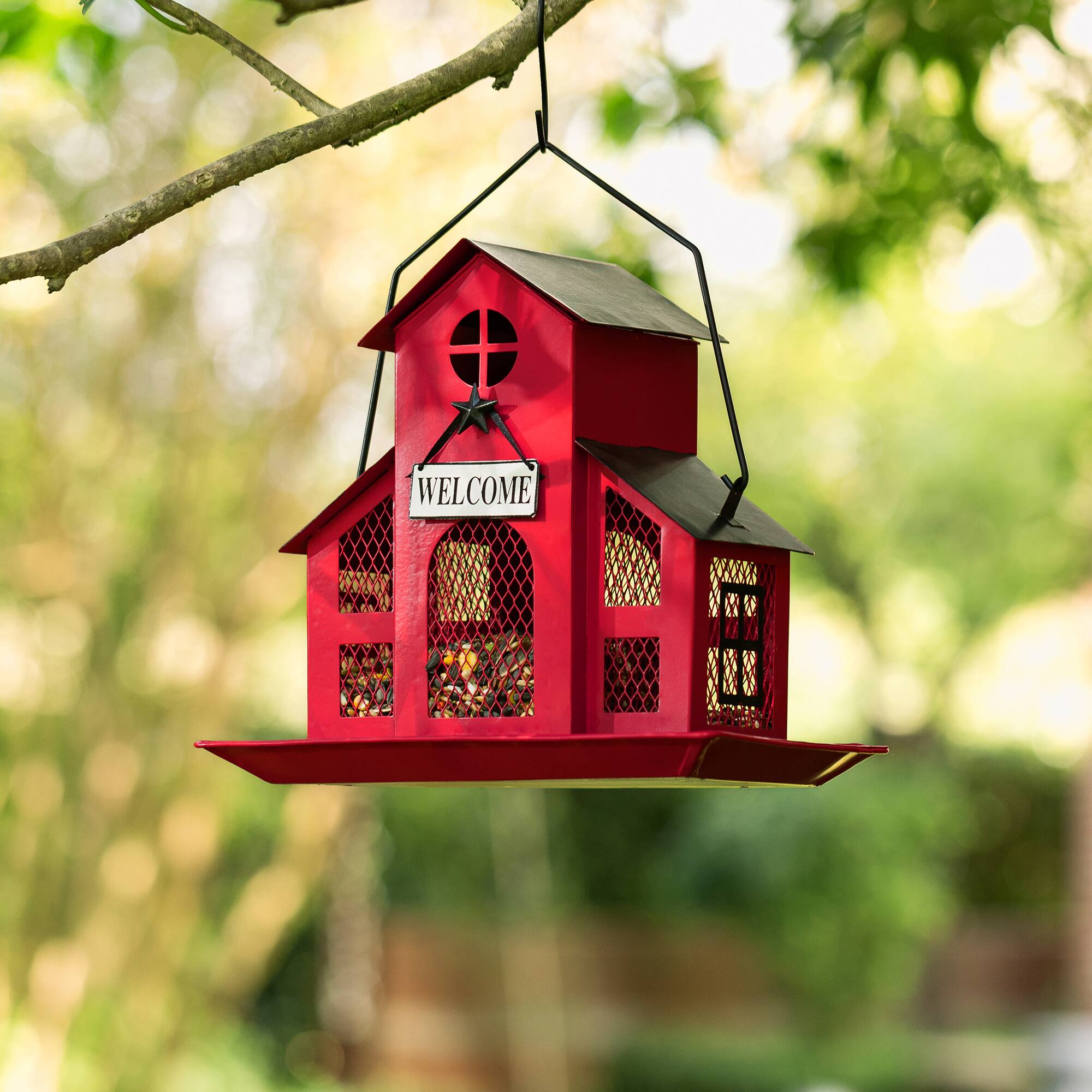 Glitzhome® 12" Red Metal Barn Hanging Bird Feeder