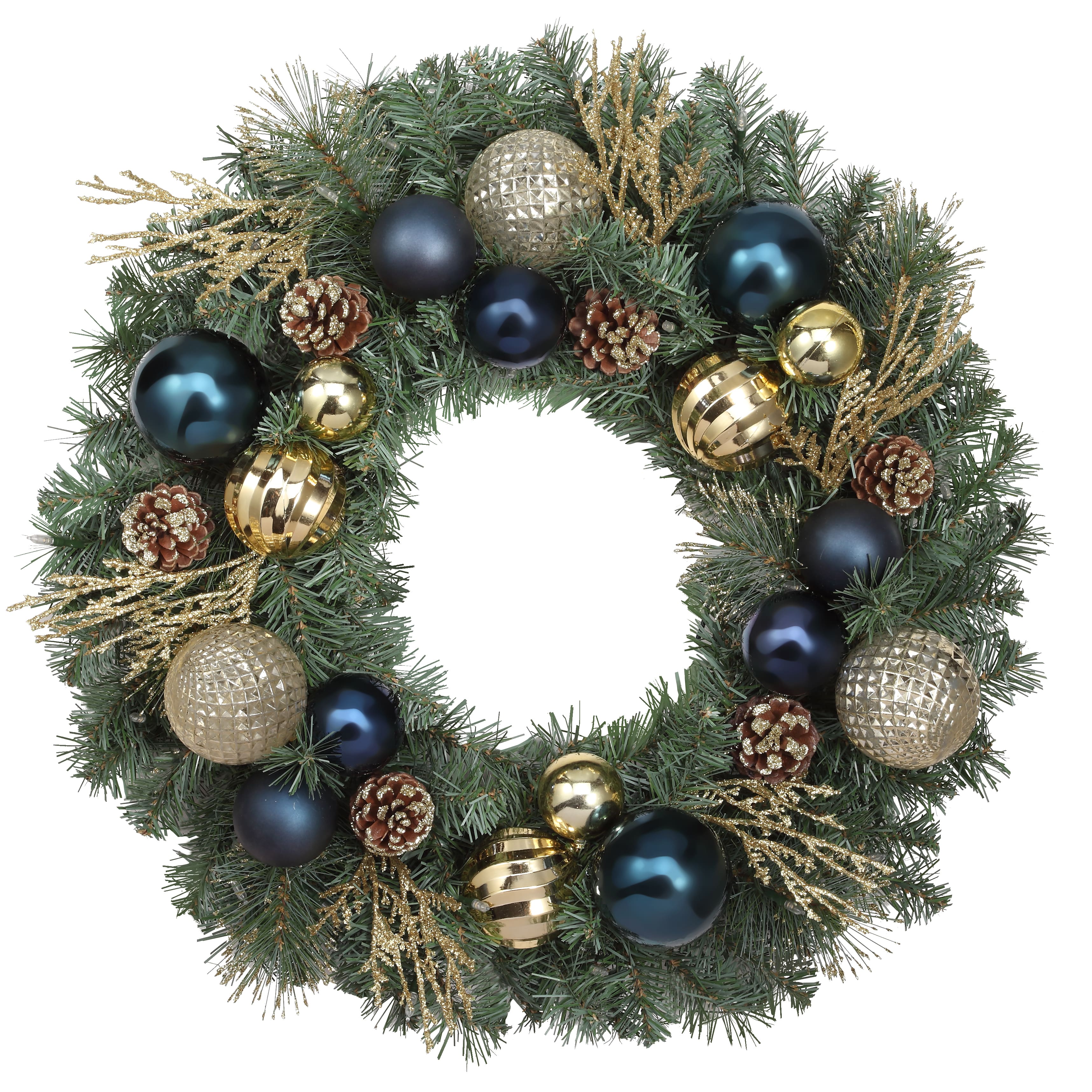 Haute Decor 24&#x22; Pre-Lit Sutton Place Blue &#x26; Gold Ornament Christmas Wreath, Soft White LED Lights